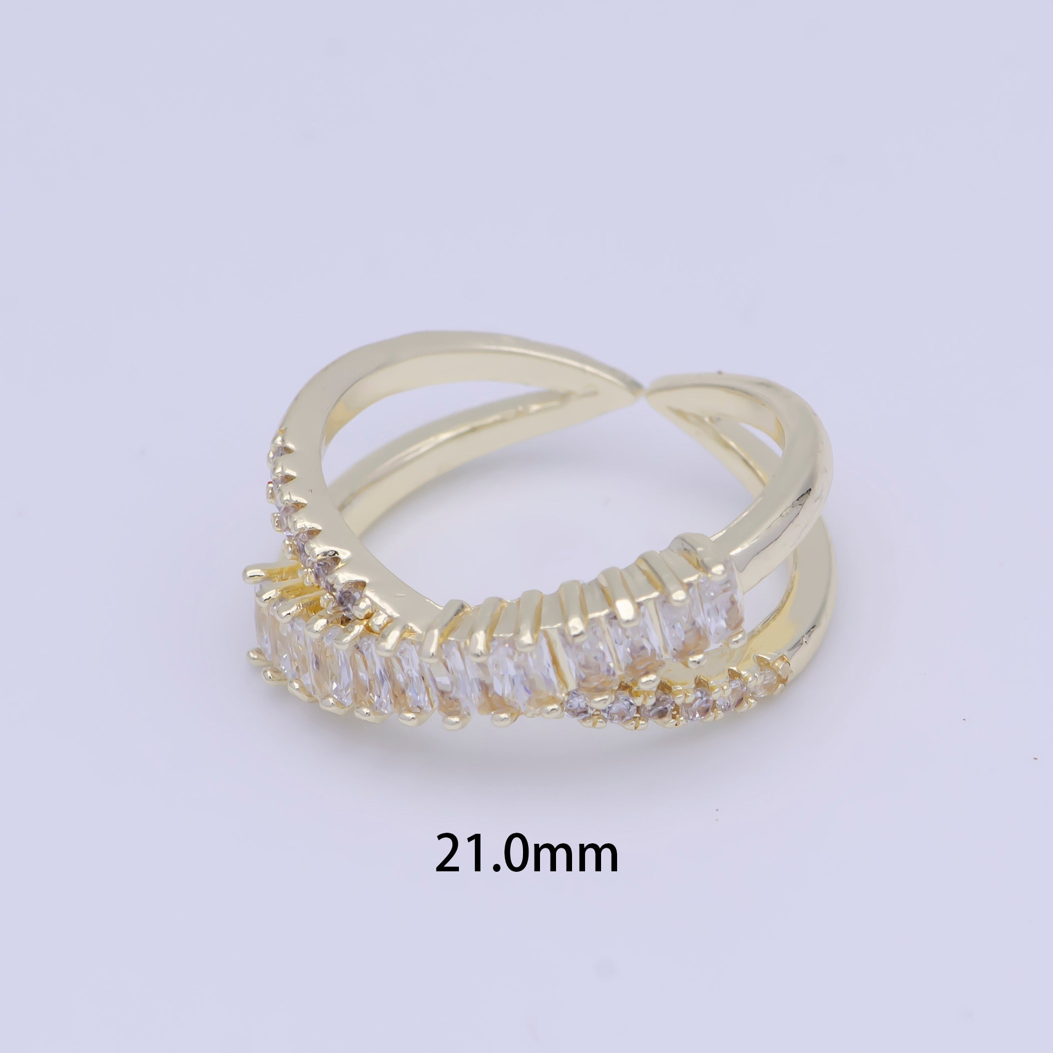 Clear Baguette Micro Paved Crossed Double Band Gold Ring | O483 - DLUXCA