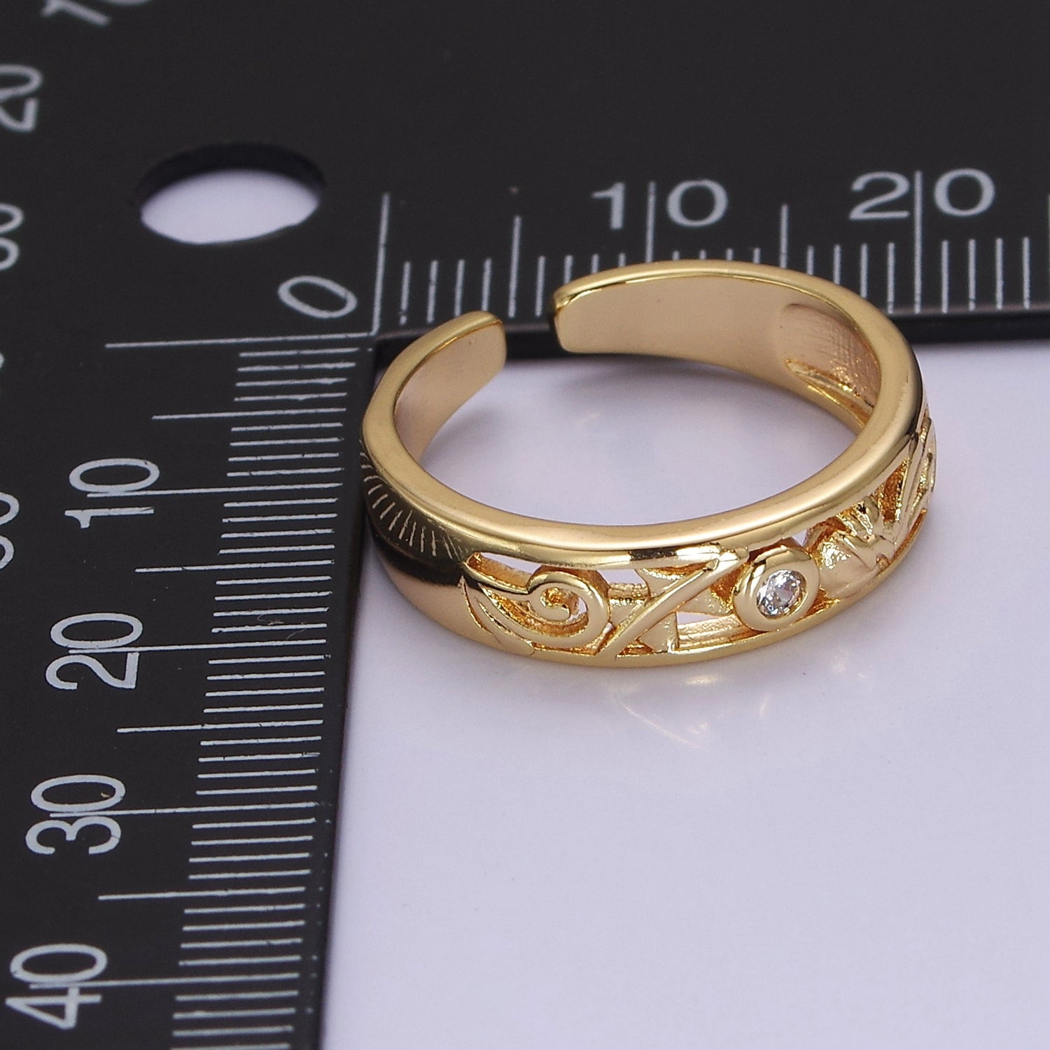 Dainty Gold Ring Carved Art with Round Bezel Cut Cz Stone V-232 - DLUXCA