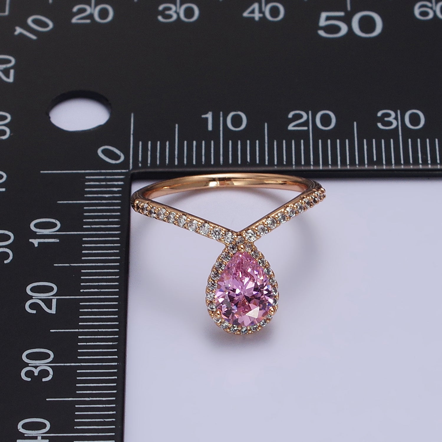 18K Gold Filled Pink Teardrop CZ Micro Paved Chevron Adjustable Ring | Y590 - DLUXCA