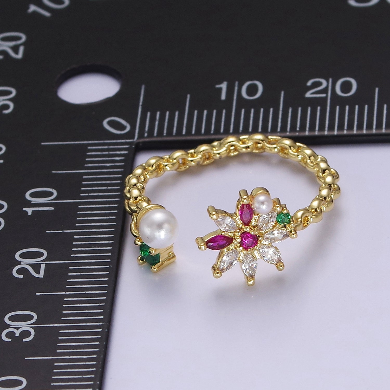 Dainty Pearl Flower Ring with Color Cz Stone V-254 - DLUXCA