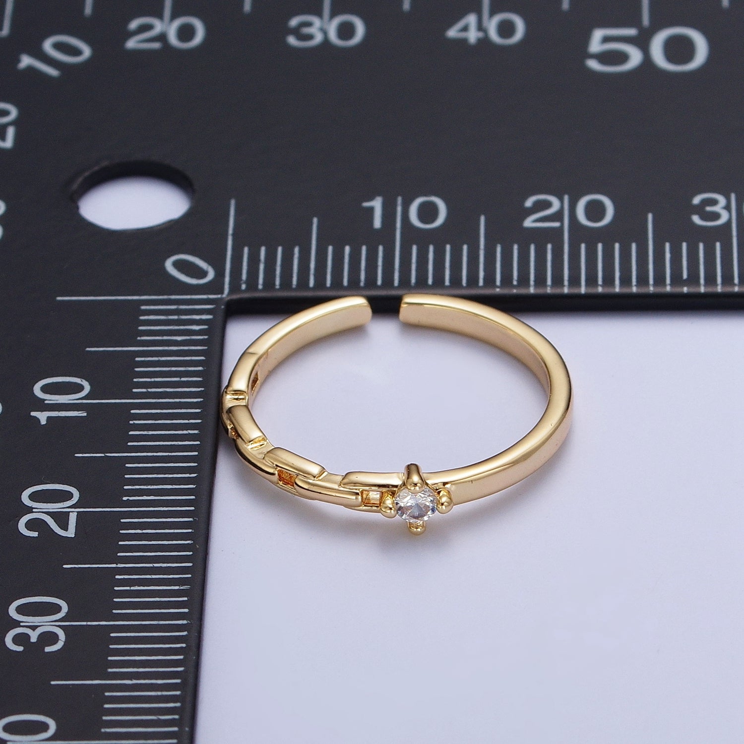 24K Gold Filled Partially Chain Link with Round Cubic Zirconia Stone Adjustable Minimalist Gold Ring | X583 - DLUXCA