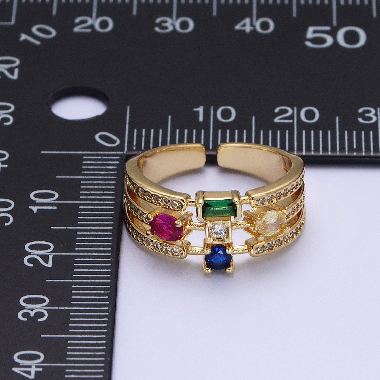 Micro Paved CZ Triple Band Multicolor Oval Round Baguette Cubic Zirconia Statement Gold Ring | O132 - DLUXCA