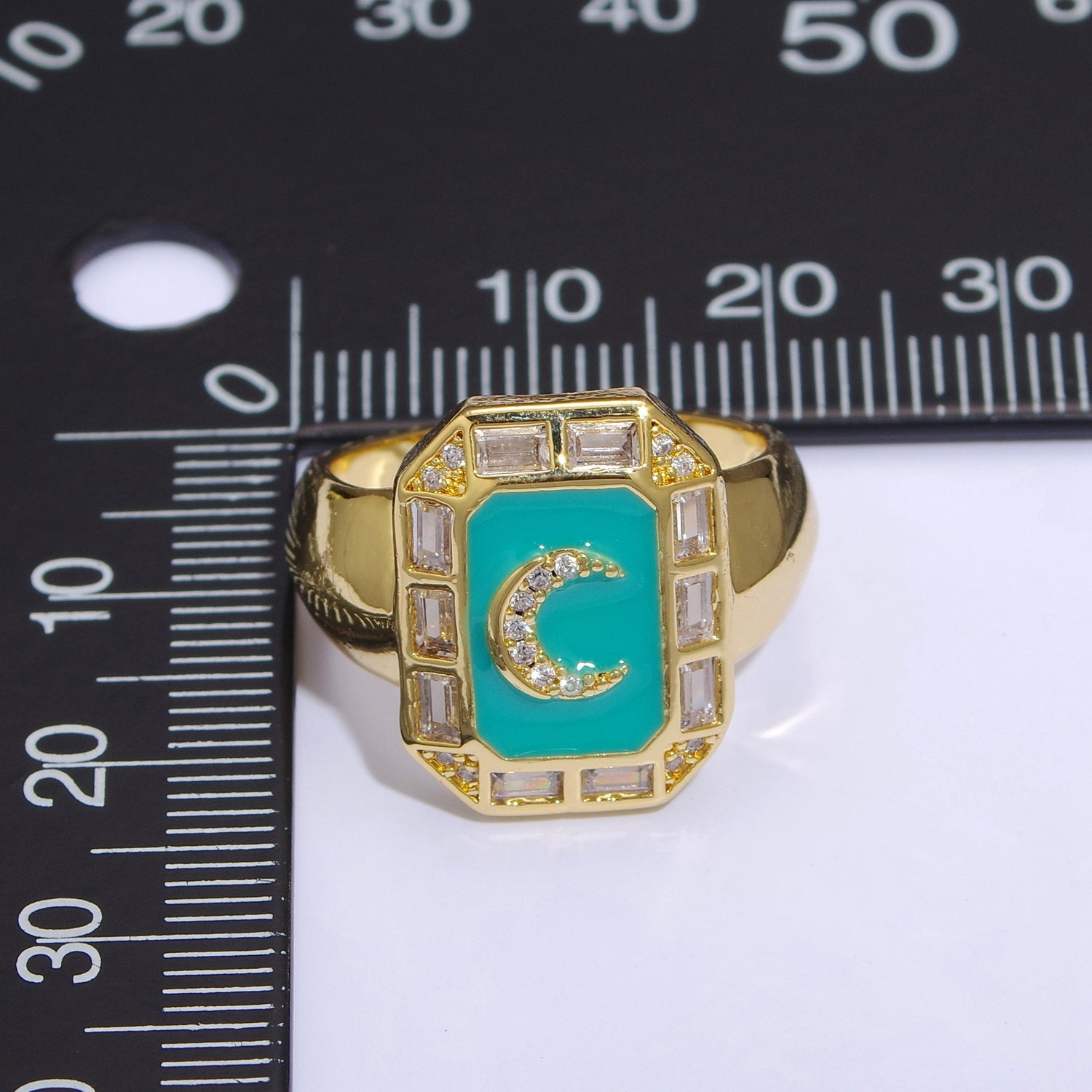 Crescent Moon Spinel Signet Ring Gold Chunky Ring Celestial Enamel Colorful Cz Jewelry - DLUXCA