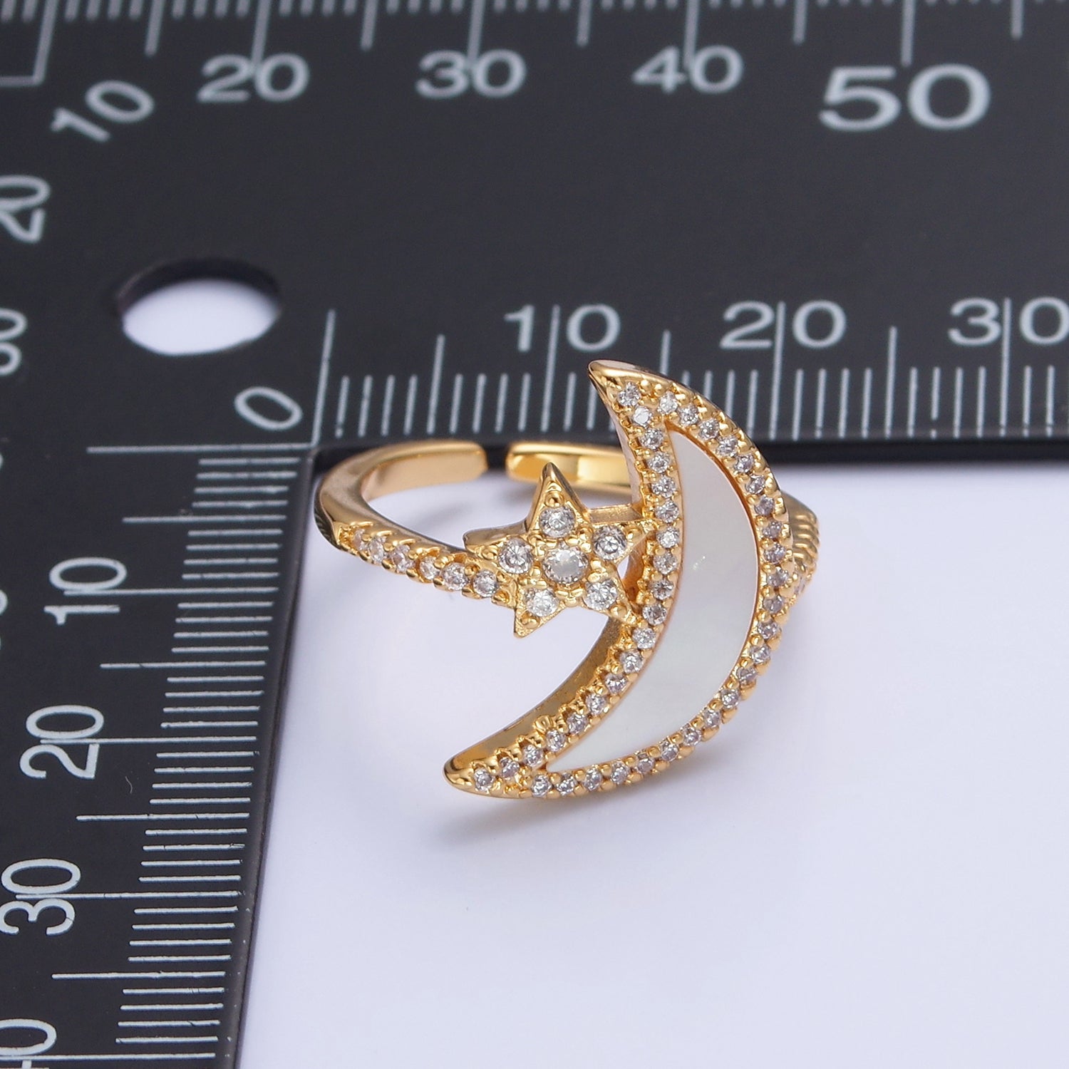 Adjustable 14k Gold Filled Moon Celestial Ring with Clear Crystal Detail, Pearl Celestial Pave Jewelry V-353 - DLUXCA