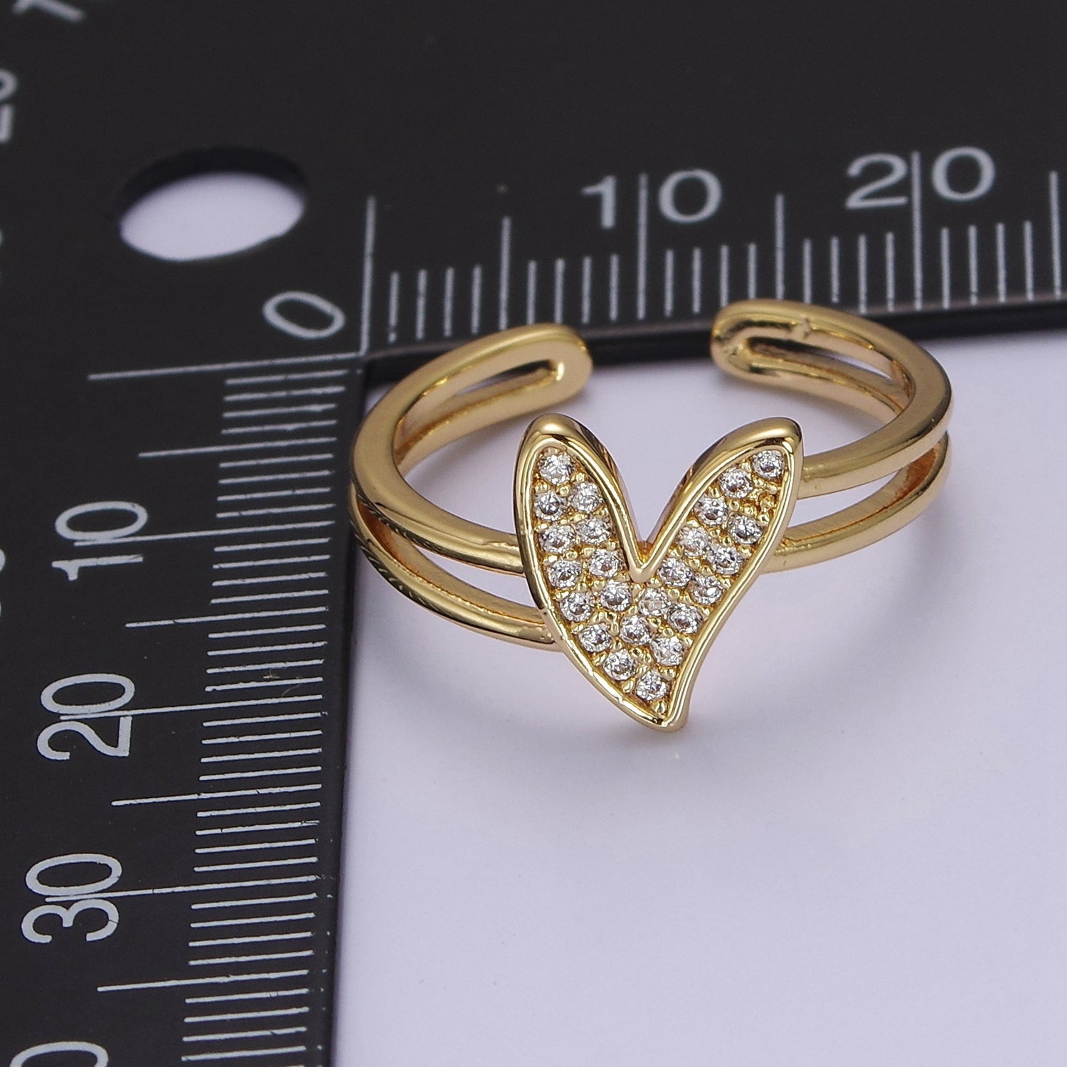 Dainty Double Band Heart Ring with Clear CZ Stone Gold Filled Open Adjustable V-185 - DLUXCA