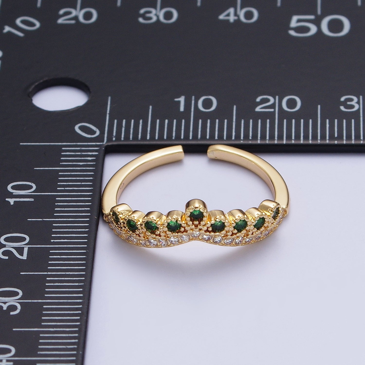 Green & Clear Micro Paved Cubic Zirconia Curved Line Crown Adjustable Gold Ring | X586 - DLUXCA