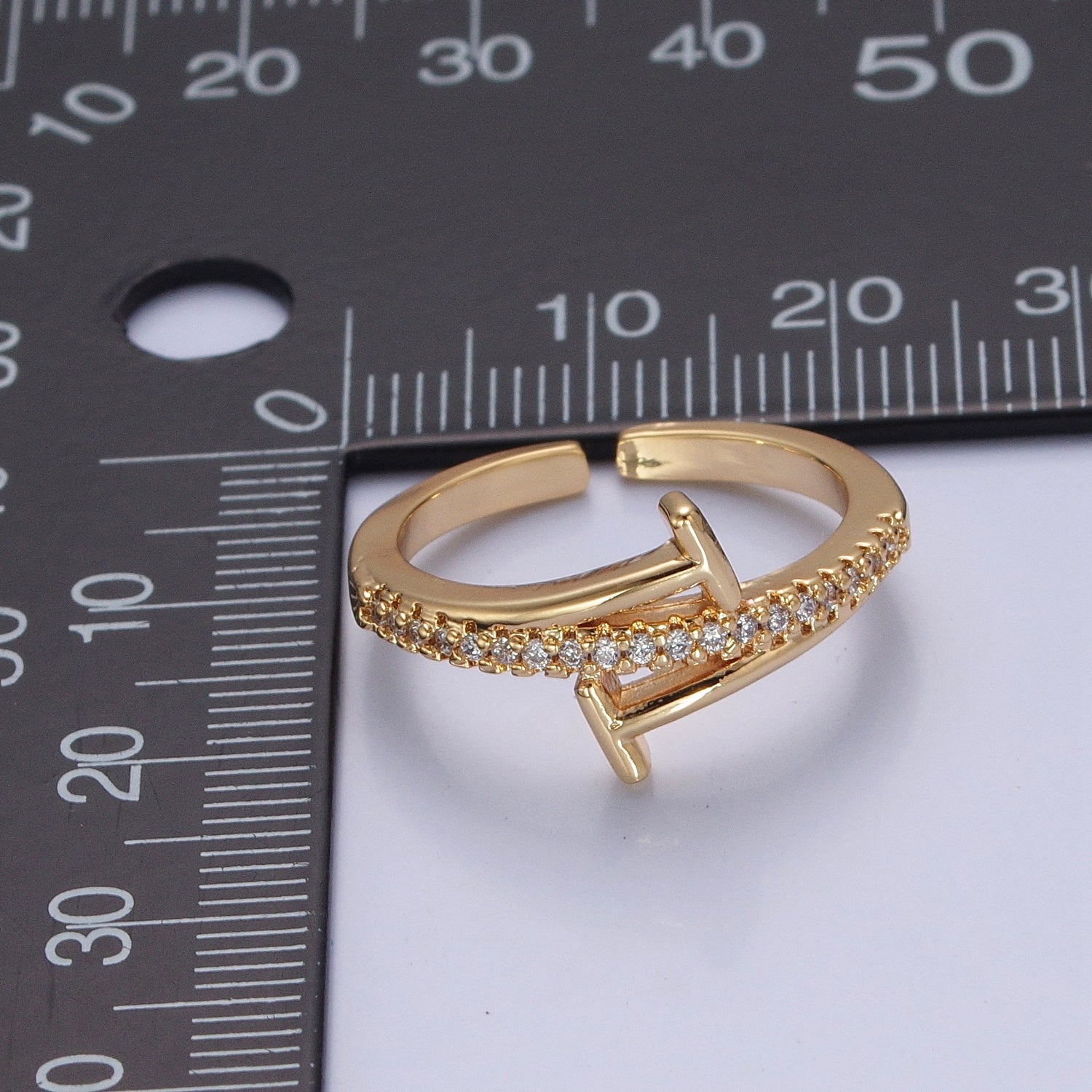 Minimalist 24K Gold Filled Micro Pave CZ Open T Ring in Silver & Gold V-525 V-526 - DLUXCA