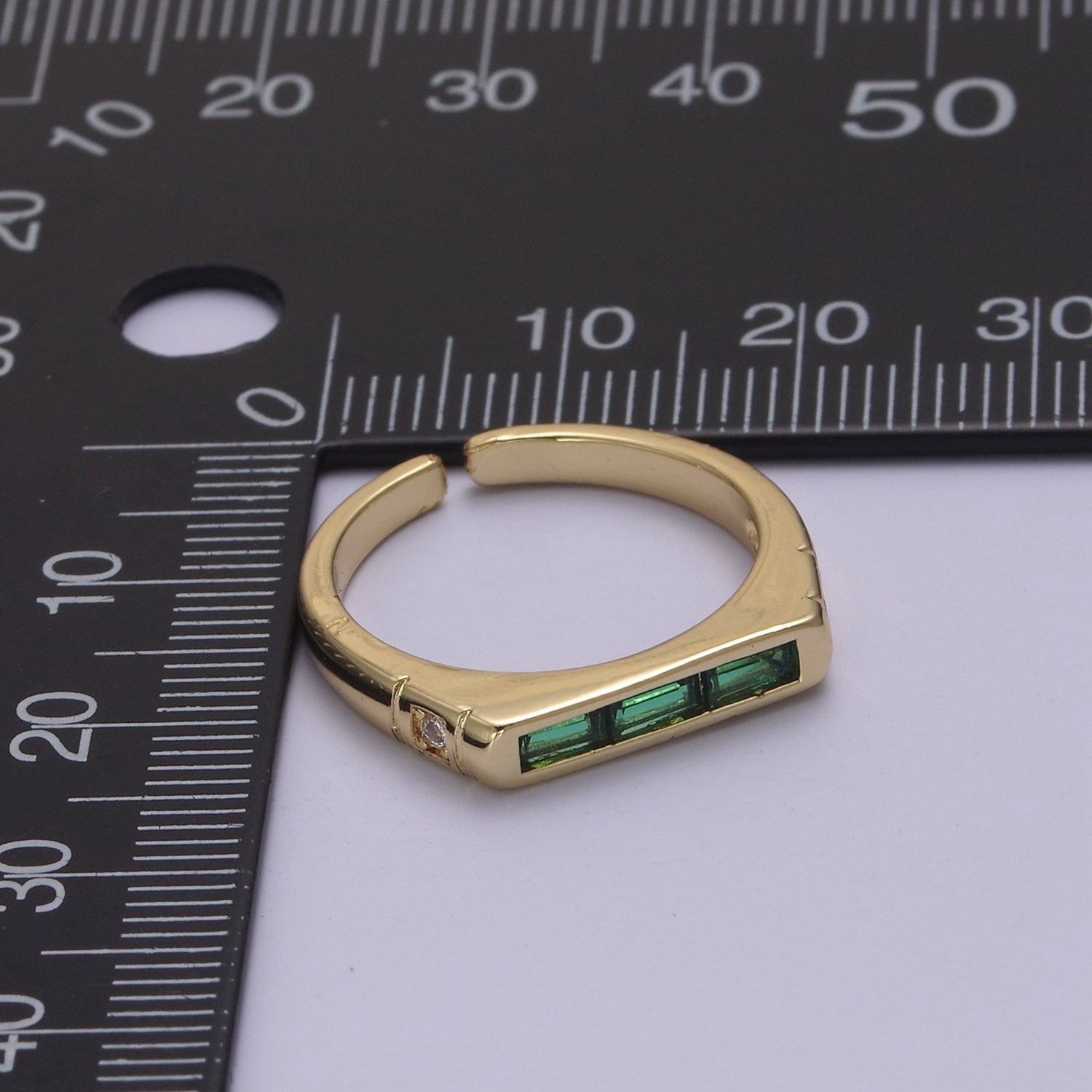 24K Gold Filled Triple Green, Clear Baguette CZ Cubic Crystal Zirconia Flat Bar Signet Adjustable Ring S-360 - DLUXCA