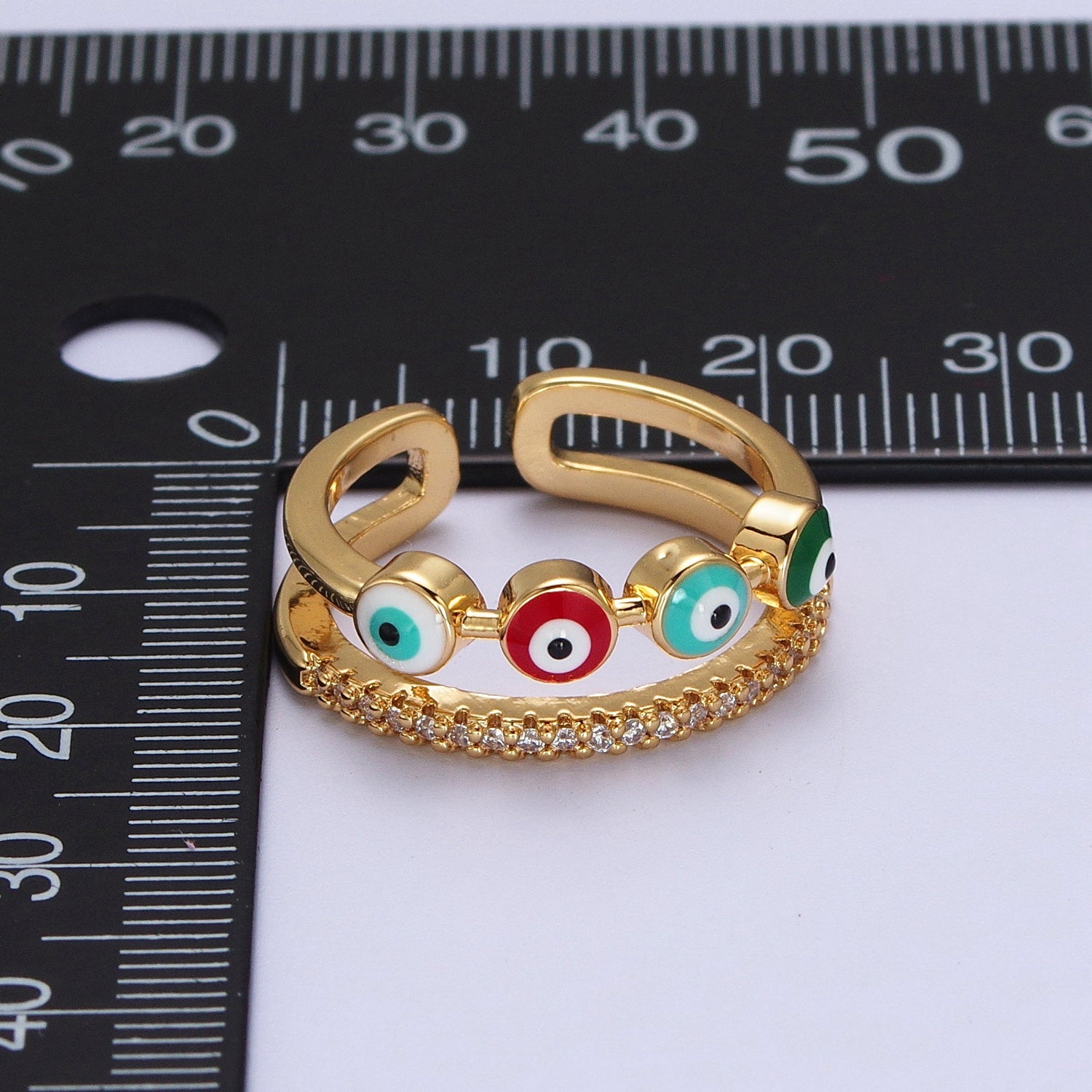 Double Band Evil Eye Multicolor Enamel Micro Paved CZ Gold Ring | Y424 - DLUXCA