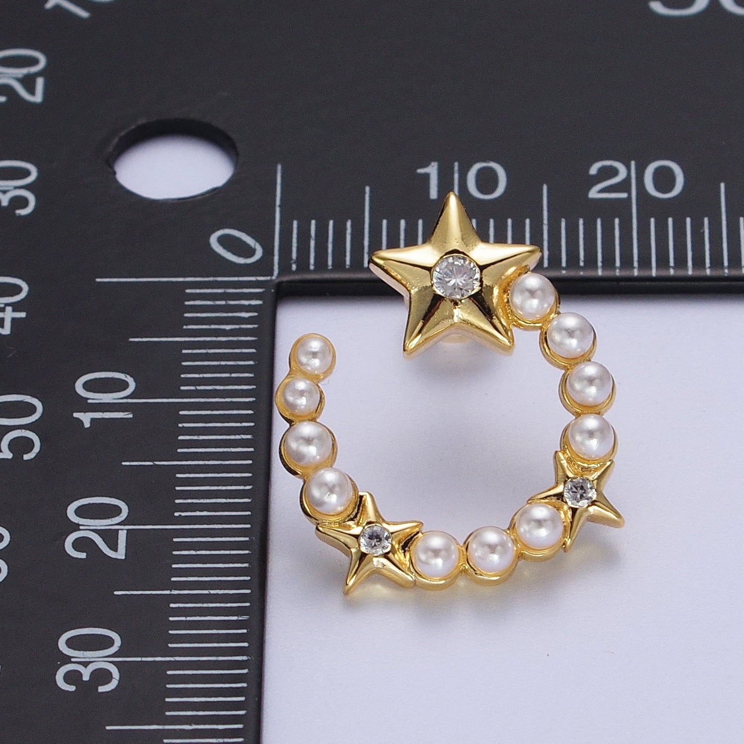 24K Gold Filled White Pearl Crescent Moon Stars CZ Celestial Stud Earrings | Y229 - DLUXCA