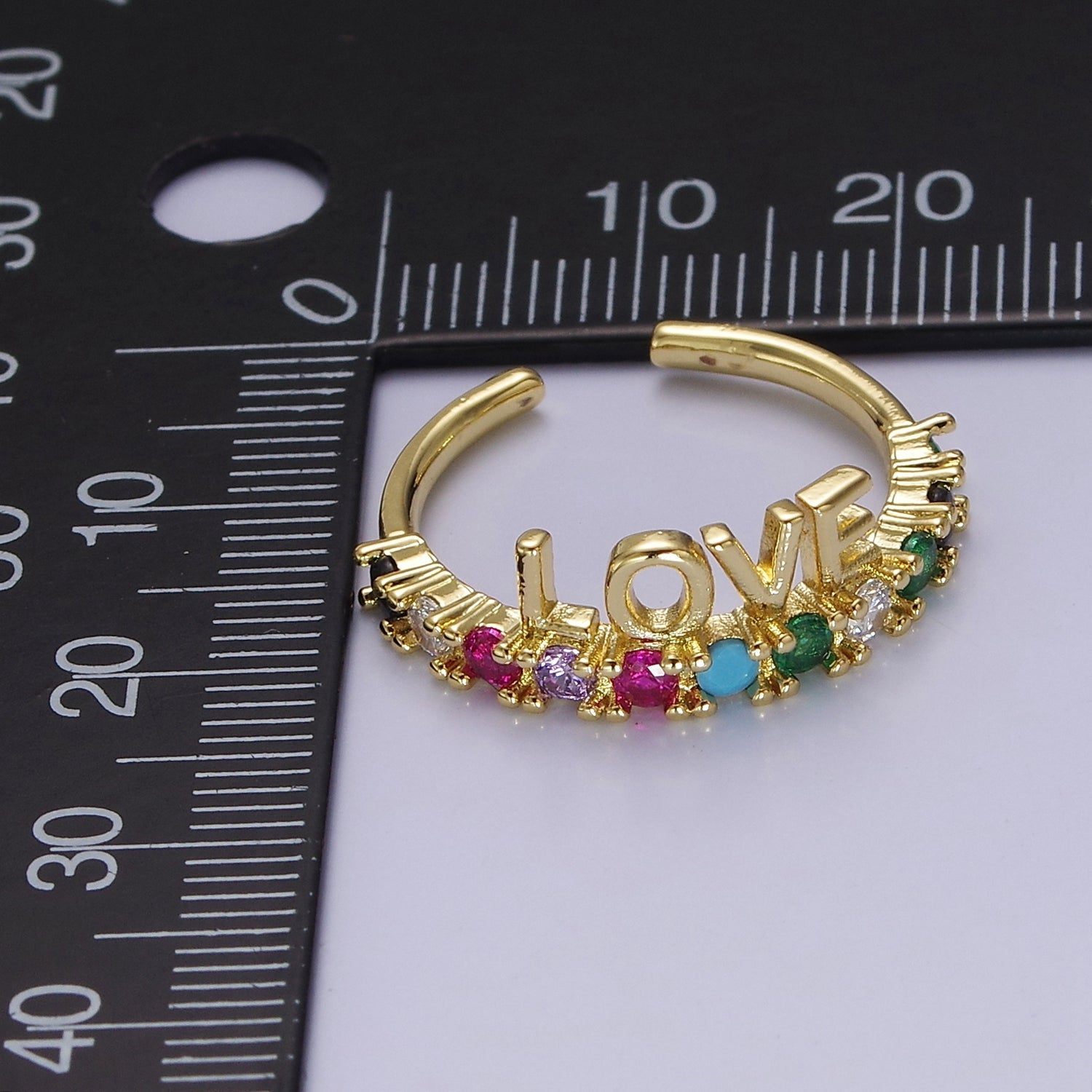 Dainty Love Script with Color CZ Stone Ring Gold Ring V-258 - DLUXCA