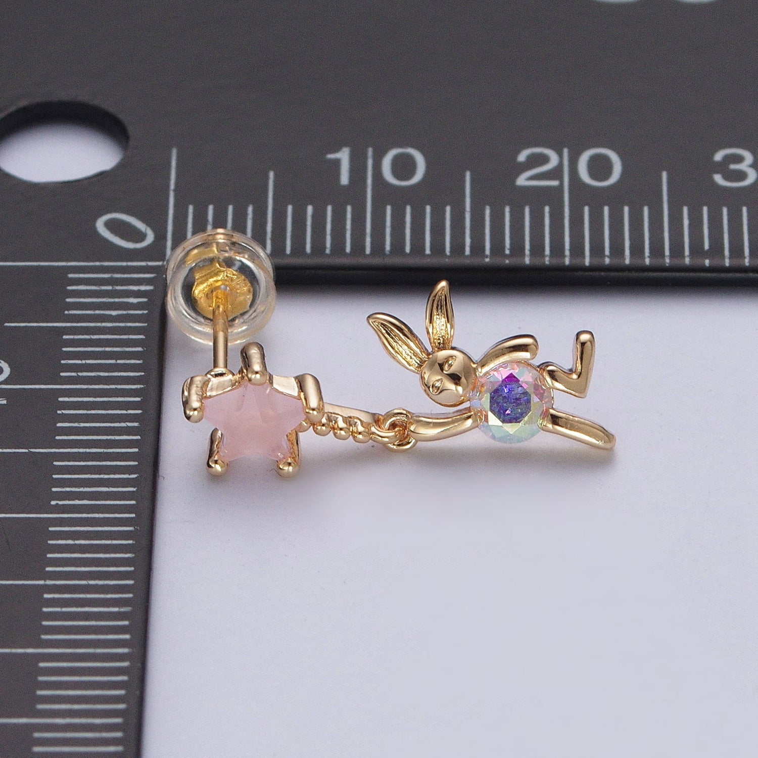 24K Gold Filled Cute CZ Pink Star Studs with Tiny Rabbit Charm Clear Cubic Zirconia Dangle Earrings, W-750 - DLUXCA