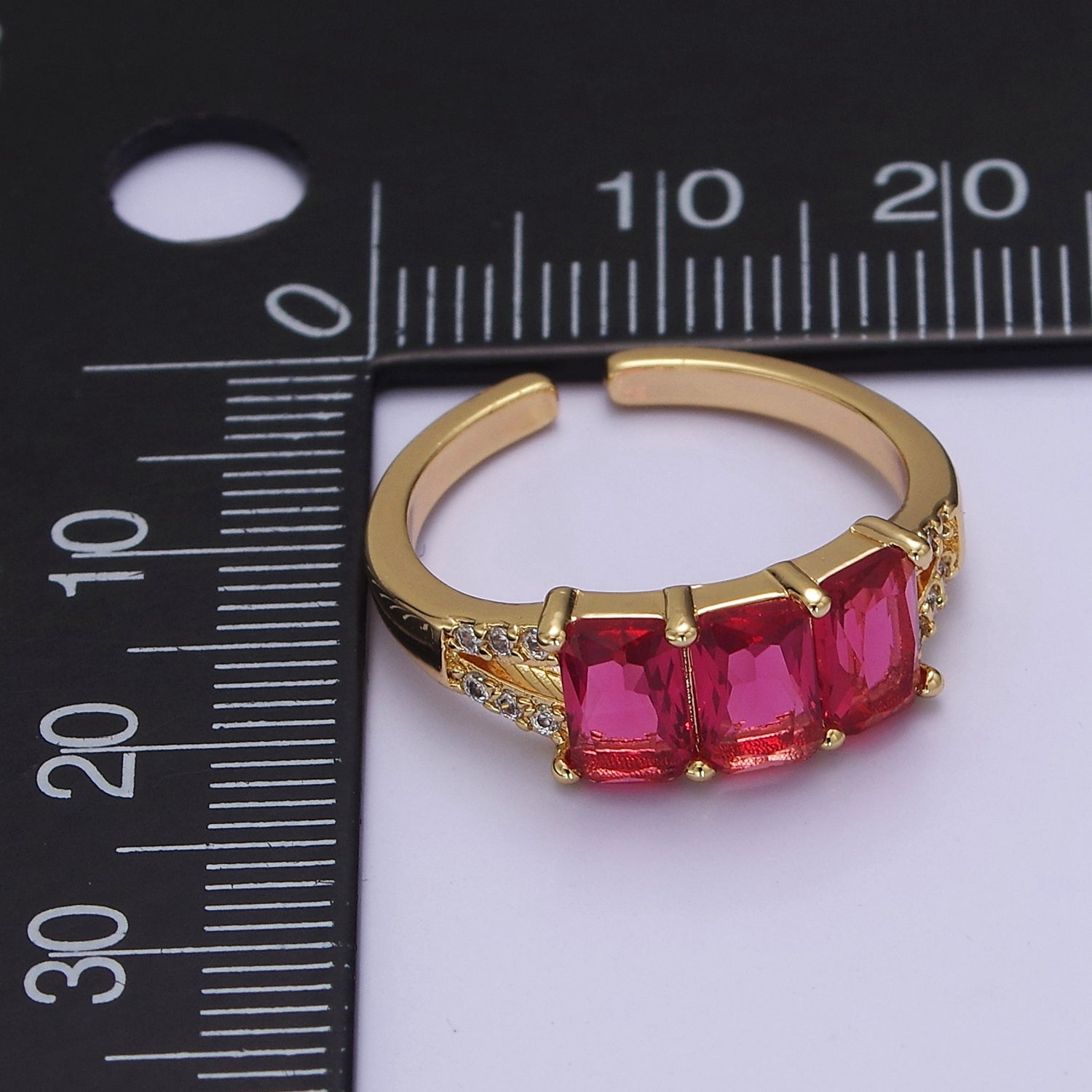 Three Pink Fuchsia Emerald Cut CZ Gold Band Open Adjustable Statement Jewelry V-223 - DLUXCA