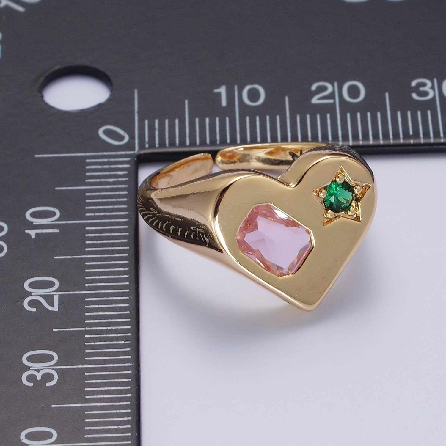 Gold Heart Signet Ring with Pink & Green Cubic Zirconia Baguette Star Stones | X616 - DLUXCA