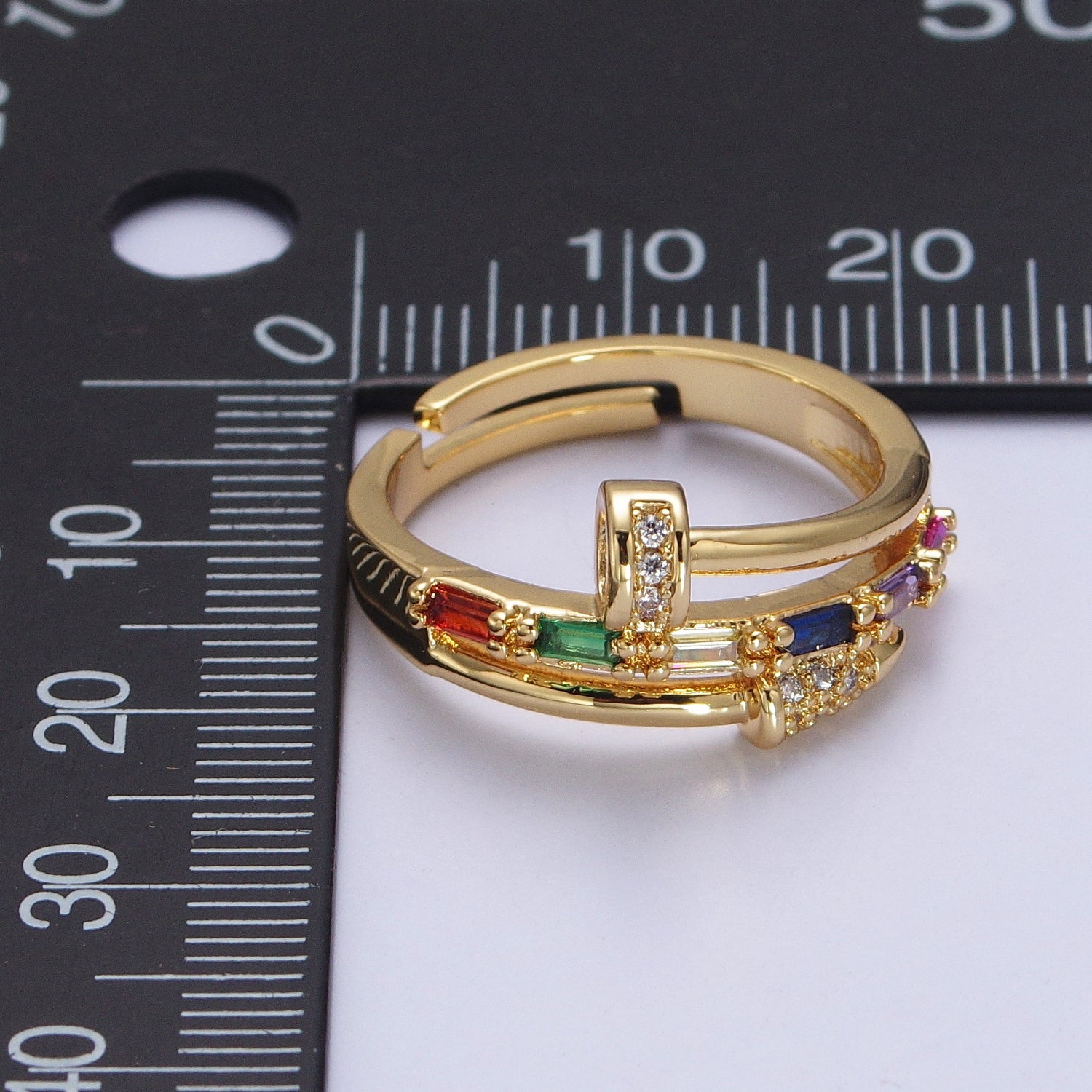 Clear Micro Paved Multicolor Baguette Adjustable Nail Ring in Gold & Silver | Y565 Y566 - DLUXCA