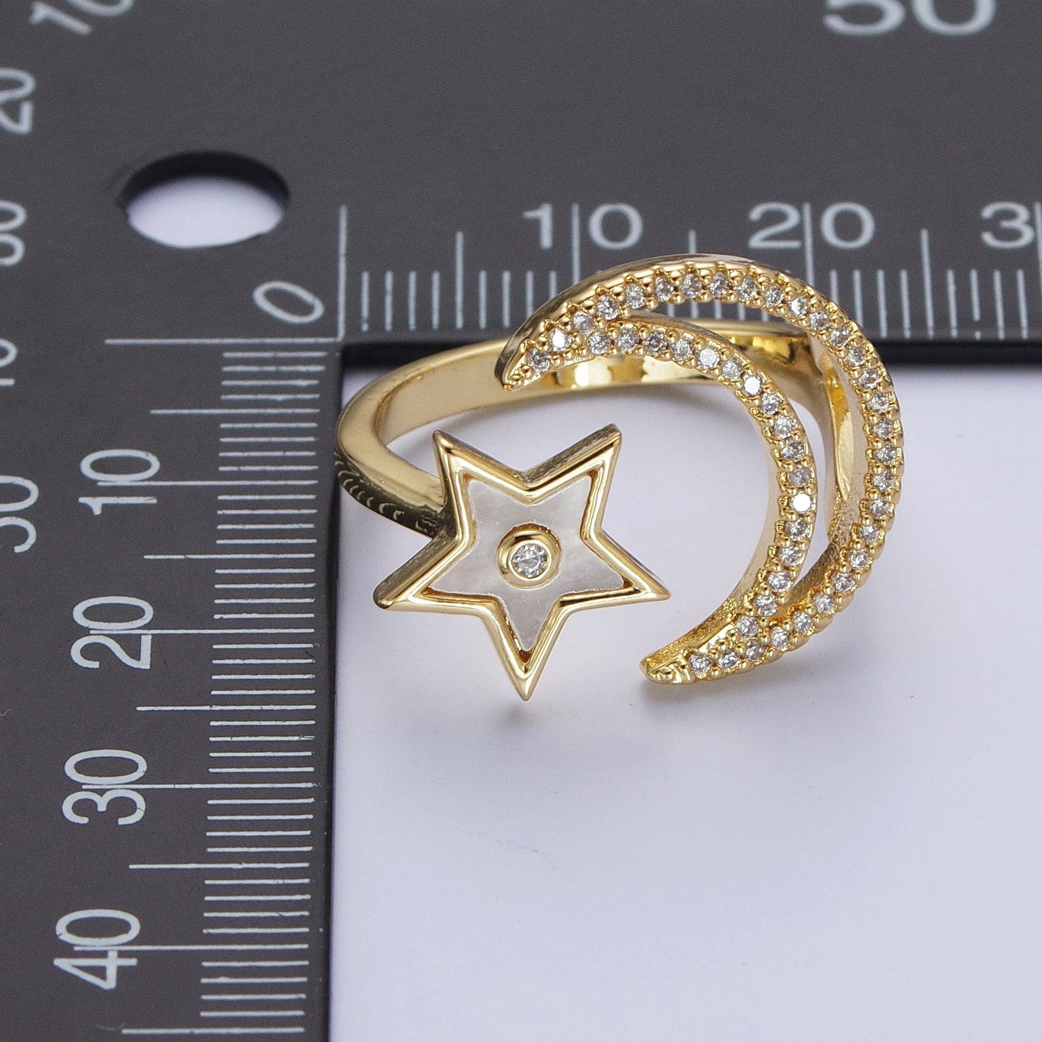 24K Gold Filled Celestial Open Ring, Micro Pave Crescent Moon & Shell Star Adjustable Ring | S-239 - DLUXCA