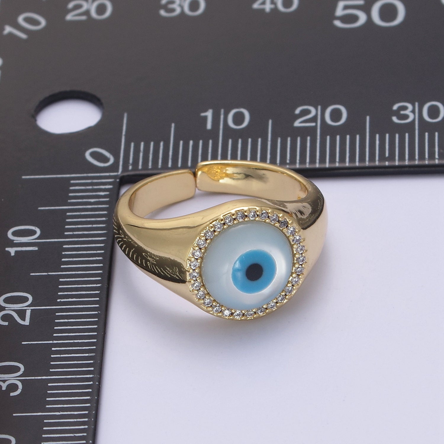 14K Gold Filled Micro Pave Evil Eye Blue Dome Ring Open Adjustable Ring U-474 - DLUXCA