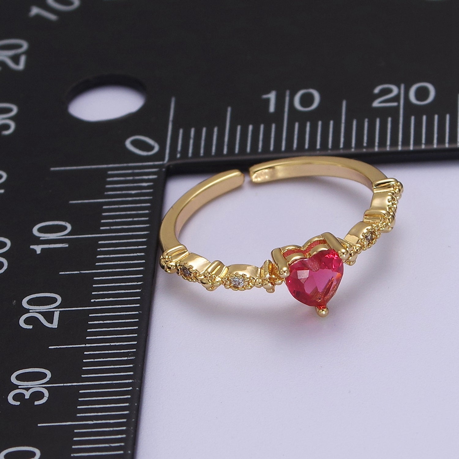 Minimalist Heart Ring, Gold Filled Stacking Ring, Pink CZ Heart Ring Open Adjustable V-183 - DLUXCA