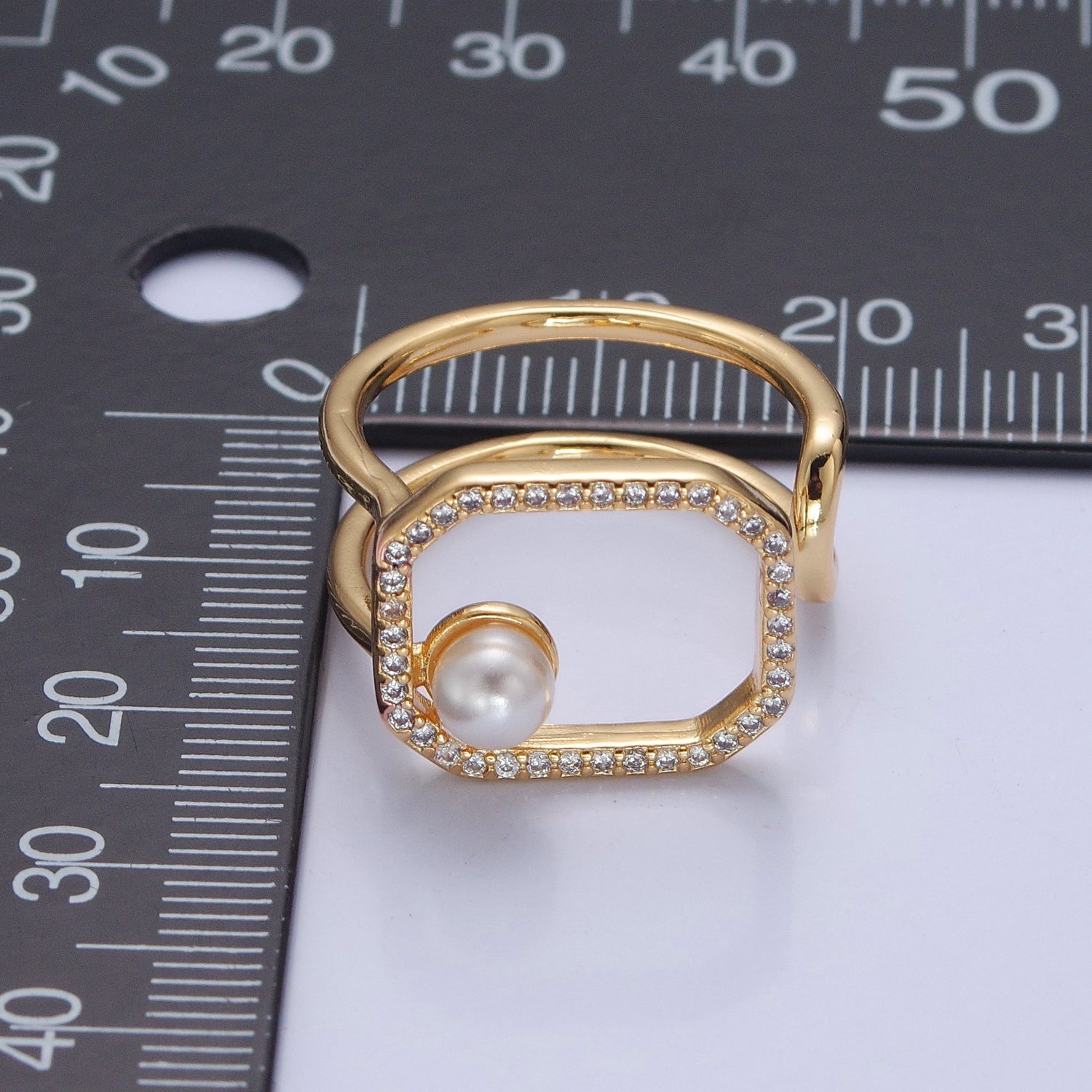 Chunky Square CZ Ring with Pearl Double Band Ring Open Adjustable V-288 - DLUXCA