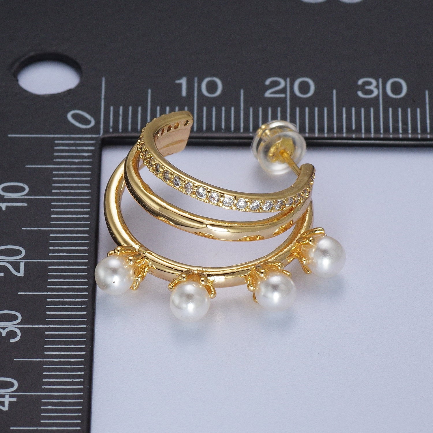 Micro Paved CZ Round Pearl Lined Triple Round Bar Gold Stud Earrings | Y276 - DLUXCA