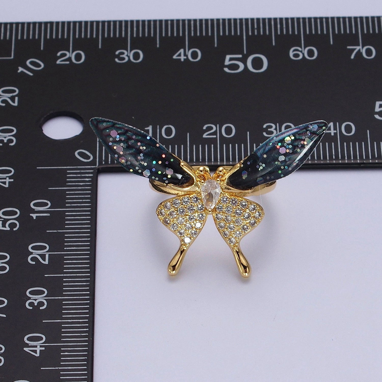 Fuchsia, Blue Micro Paved Butterfly Wings Teardrop Insect Gold Rings | Y400 Y401 - DLUXCA