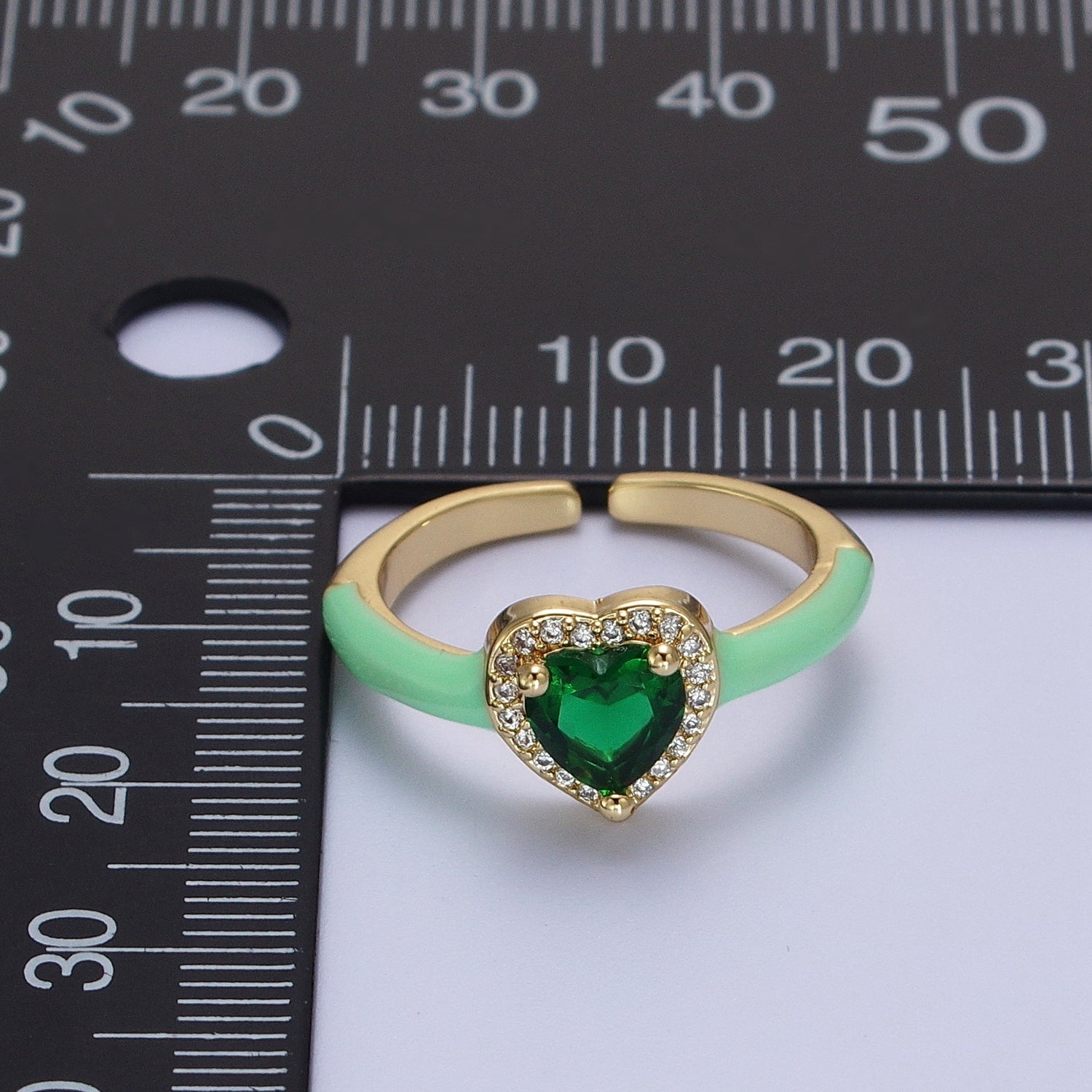 Gold Filled Barbiecore Heart Green, White, Pink Micro Paved Enamel Adjustable Ring | Y346 - Y348 - DLUXCA