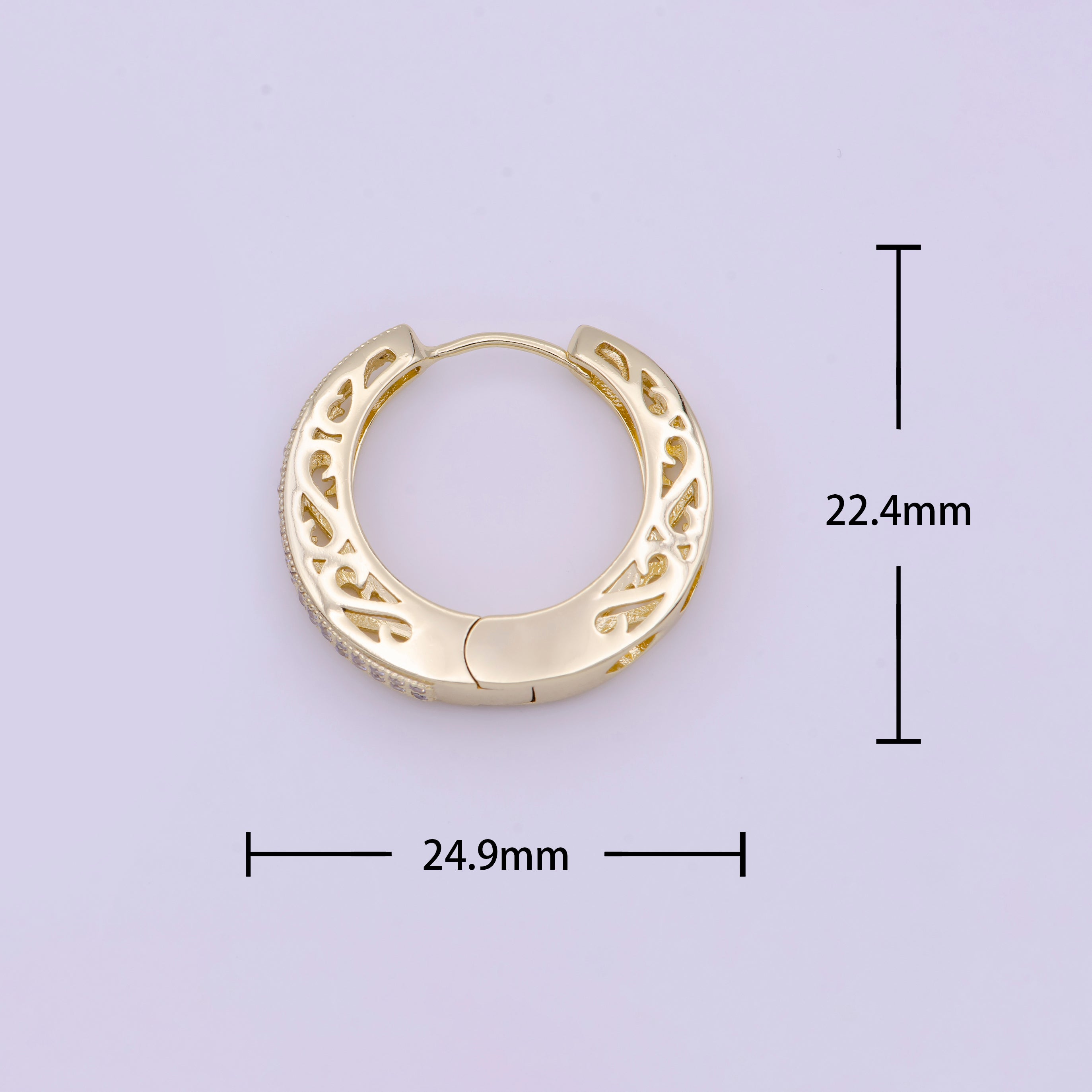 Micro Paved CZ Filigree 25mm Gold Huggie Hoop Earrings | Y166 - DLUXCA