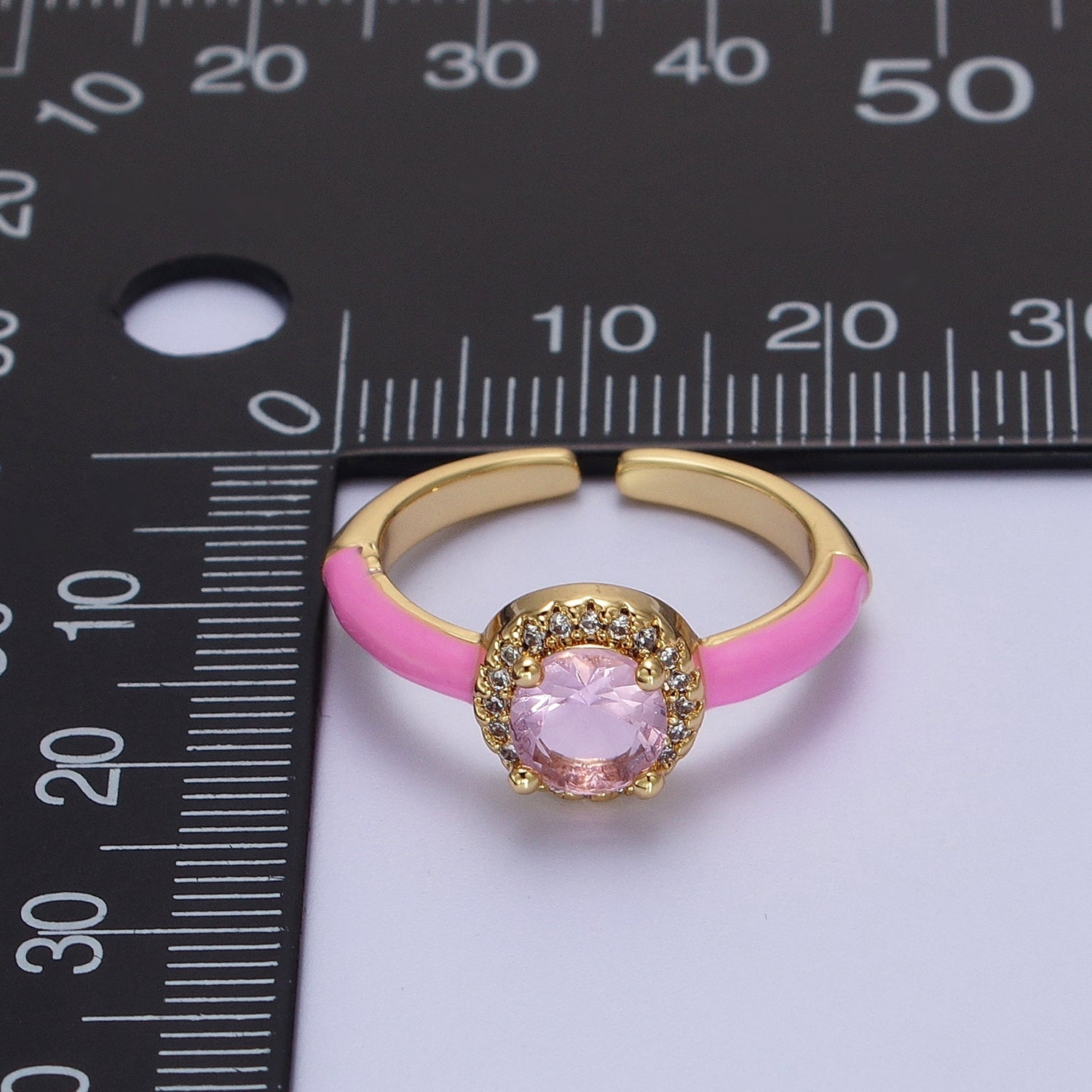 Gold Filled Barbiecore Round Green, White, Pink Micro Paved Enamel Adjustable Ring | Y343 - Y345 - DLUXCA