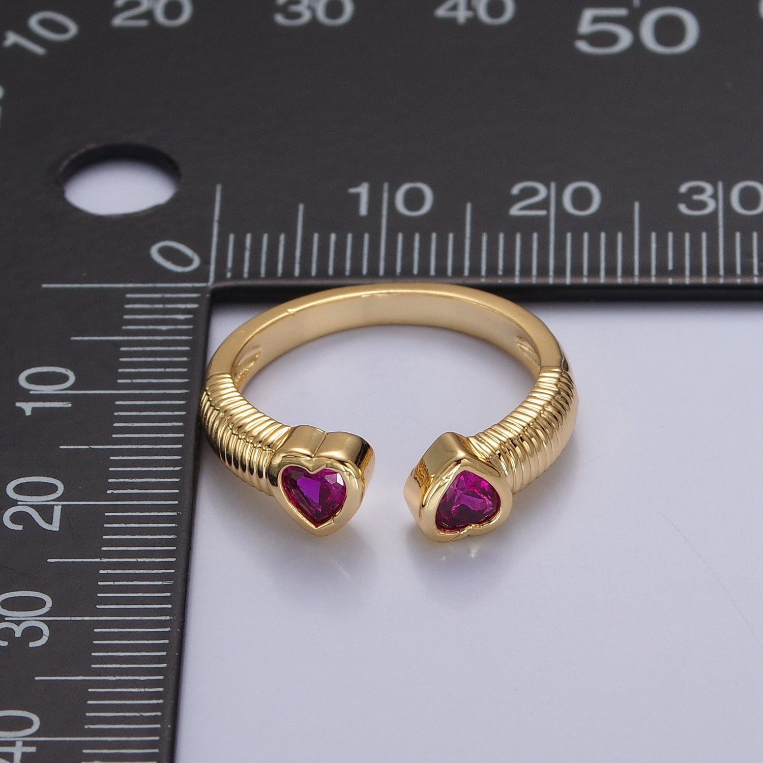 Fuchsia Pink Twin Cubic Zirconia CZ Heart Open Adjustable Gold Ring P328 - DLUXCA