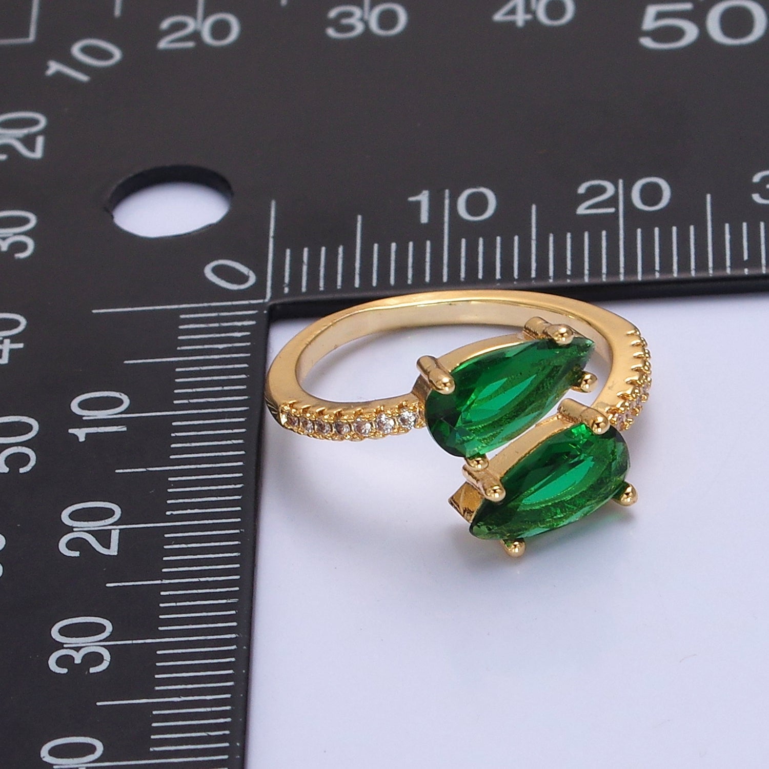 24K Gold Filled Teardrop CZ Ring, Green / Fuchsia Cubic Zirconia Open Ring with Clear Micro Pave Band, V530 V531 - DLUXCA