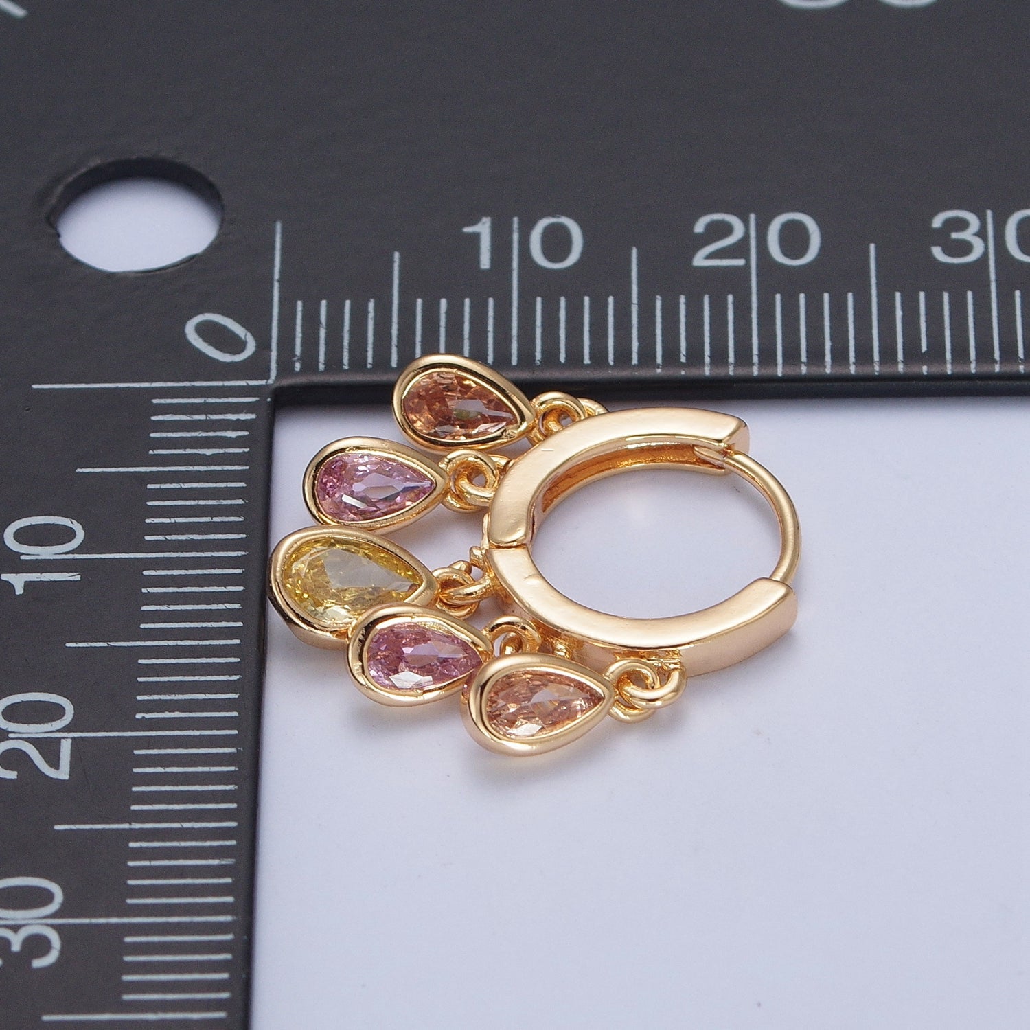 Duo Peach & Pink Cubic Zirconia Teardrop Charm Dangle Earrings Huggie Hoop W708 - DLUXCA