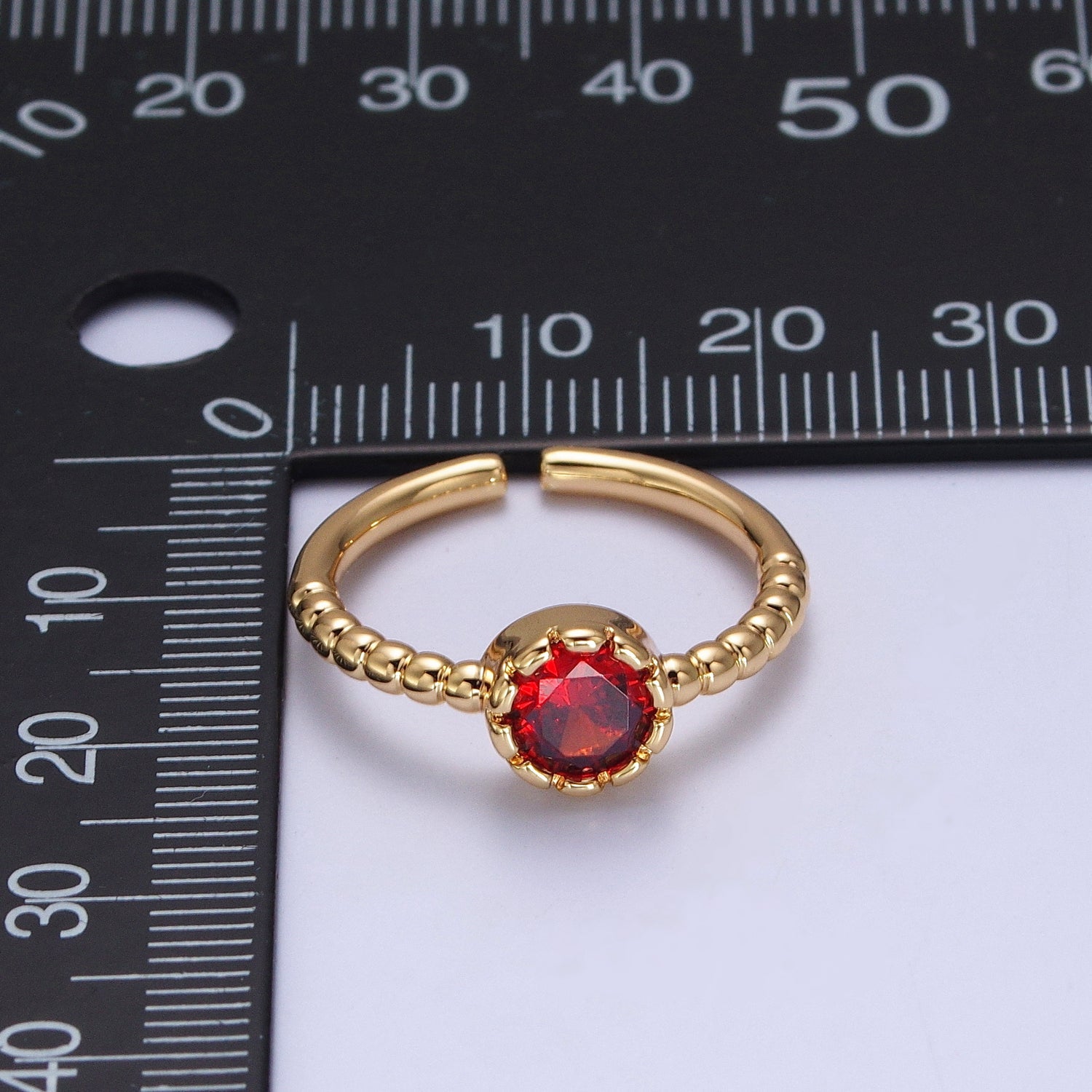 Clear, Green, Red Round CZ Solitaire Beaded Adjustable Gold Ring | Y554 - Y556 - DLUXCA