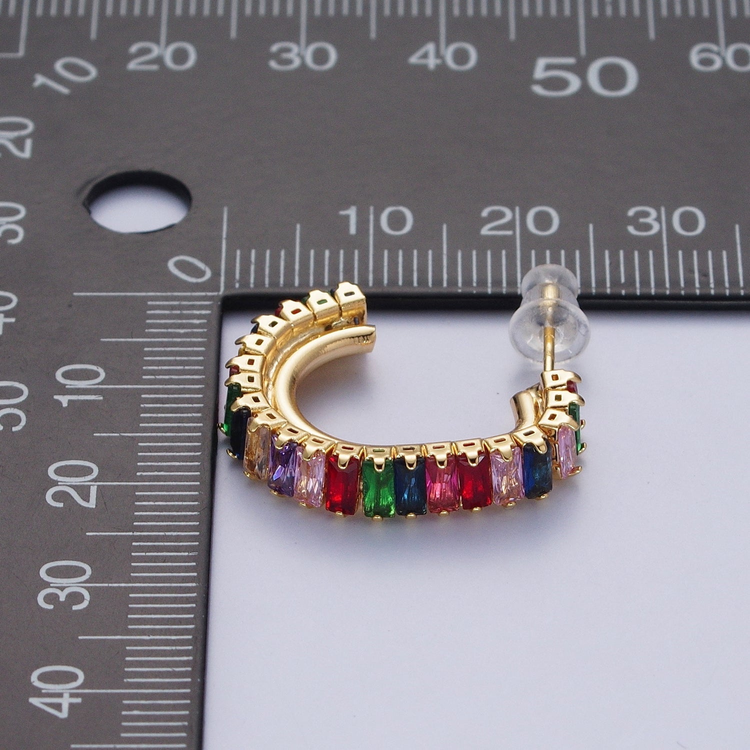 24K Gold Filled Baguette Cubic Zirconia J Shaped Open Hoop Stud Earrings Q131 Q135 Q142 Q143 Q145 Q146 Q147 Q148 - DLUXCA