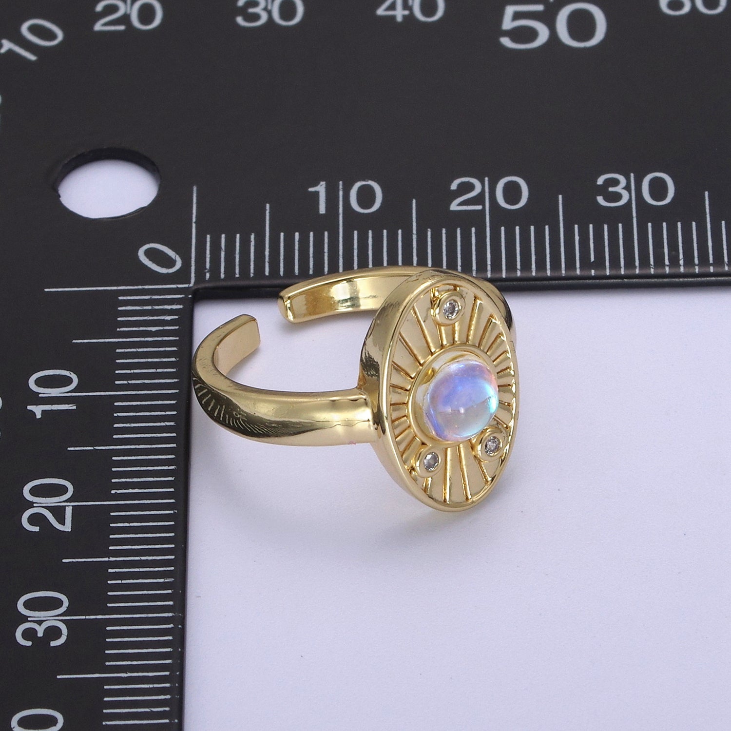 White Opal Sunburst Ring, Clear Crystal Zirconia CZ Oval Textured Adjustable Ring, 24K Gold Filled Statement Ring U460 - DLUXCA