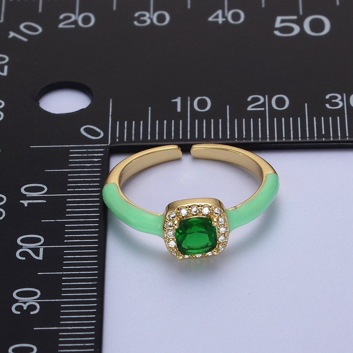 Gold Filled Barbiecore Square Green, White, Pink Micro Paved Enamel Adjustable Ring | Y340 - Y342 - DLUXCA