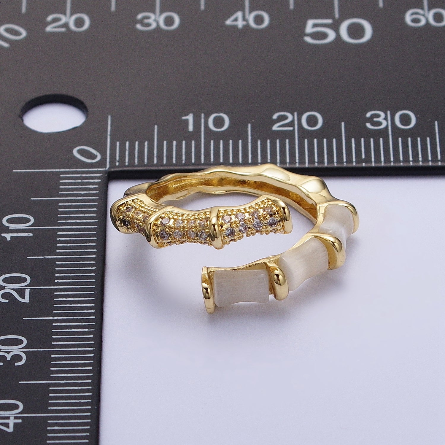 Micro Paved CZ White Cats Eye Bamboo Ring Open Gold Ring | Y324 - DLUXCA