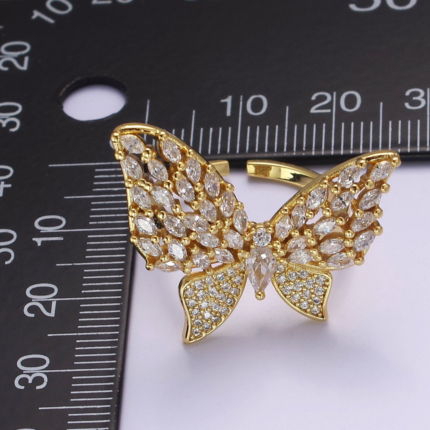 Big CZ Butterfly Ring | adjustable Statement Ring in 14k Gold Filled V-194 - DLUXCA