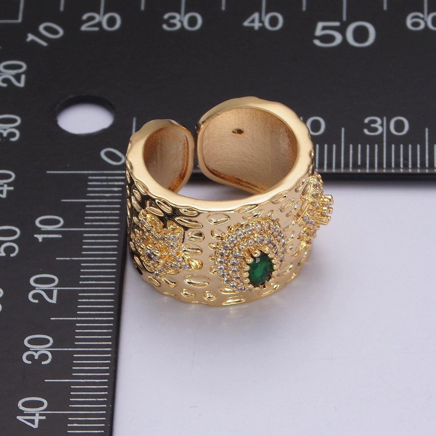 24K Gold Filled Textured Signet Ring with Micro Pave Star & Green Cubic Zirconia P336 - DLUXCA