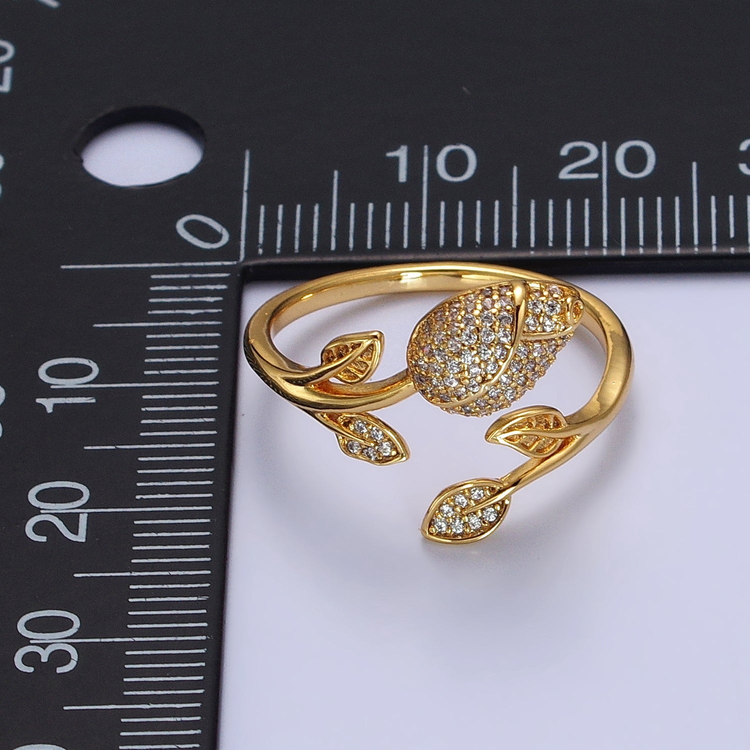 24K Gold Filled Clear Micro Paved CZ Rose Flower Adjustable Ring | Y568 - DLUXCA