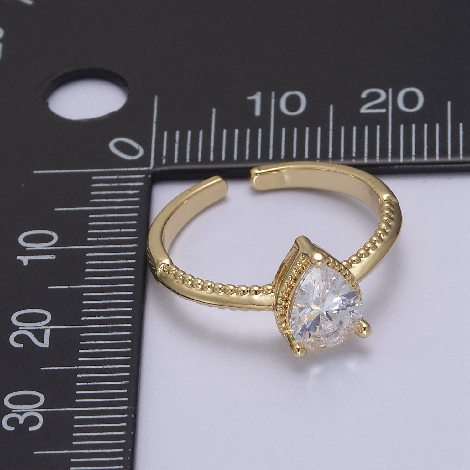 Gold Tear Drop Ring- CZ Pear Cut Ring Eye Tear Cubic Zirconia Open Adjustable Ring S-442 - DLUXCA