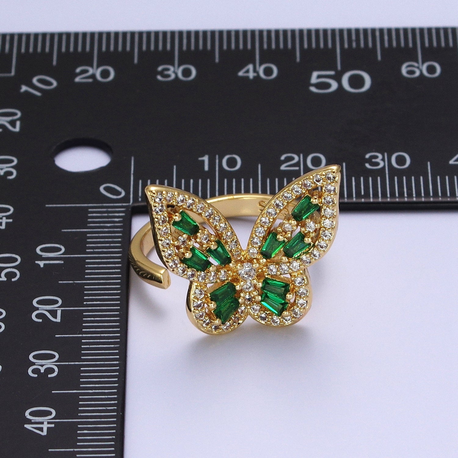 Micro Paved Gold Green Baguette Mariposa Butterfly Adjustable Ring | Y361 - DLUXCA