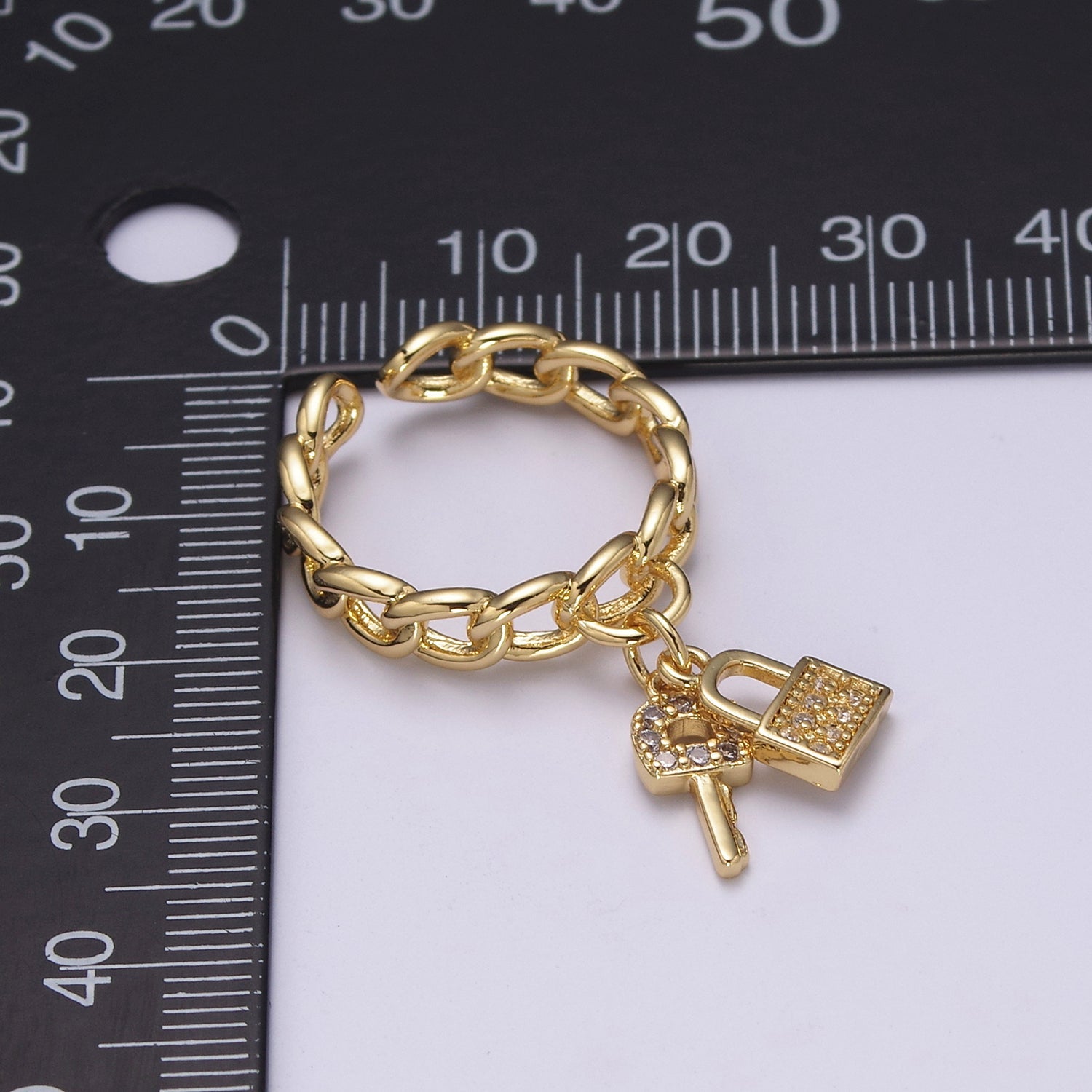 Gold Curb Link Chain Key Padlock Charm Rings For Women CZ Stacking Micro Pave Open Ring Adjustable - DLUXCA