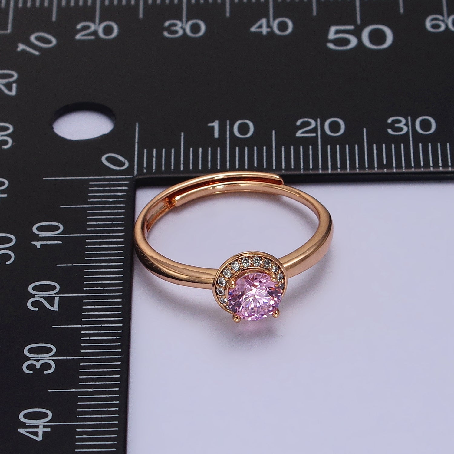 18K Gold Filled Pink Round Clear Micro Paved CZ Adjustable Ring | Y587 - DLUXCA