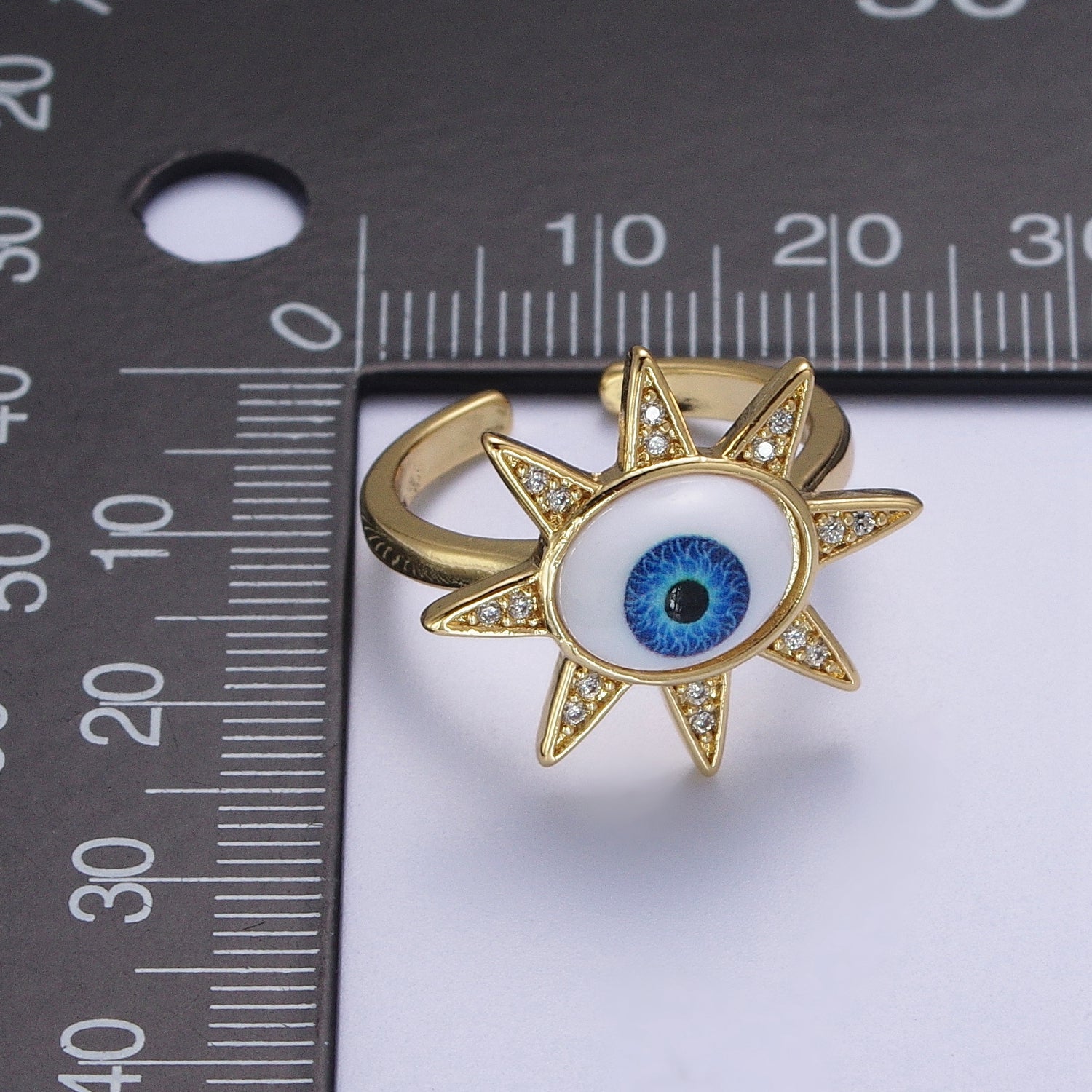 Blue Evil Eye of Ra Celestial Sun Star Micro Paved CZ Bezel Gold Adjustable Protection Ring | V062 - DLUXCA