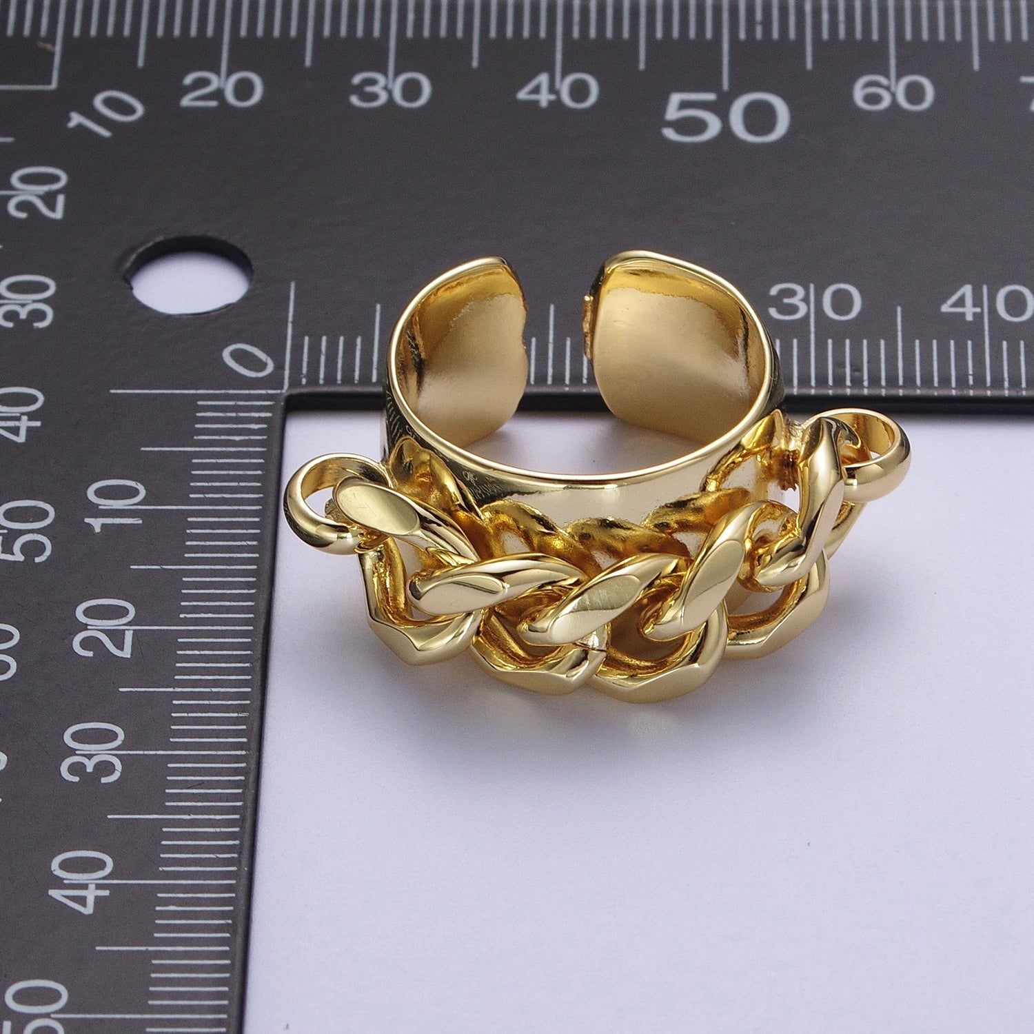 24K Gold Curb Chain Link Open Adjustable Wide Band Ring | V058 - DLUXCA