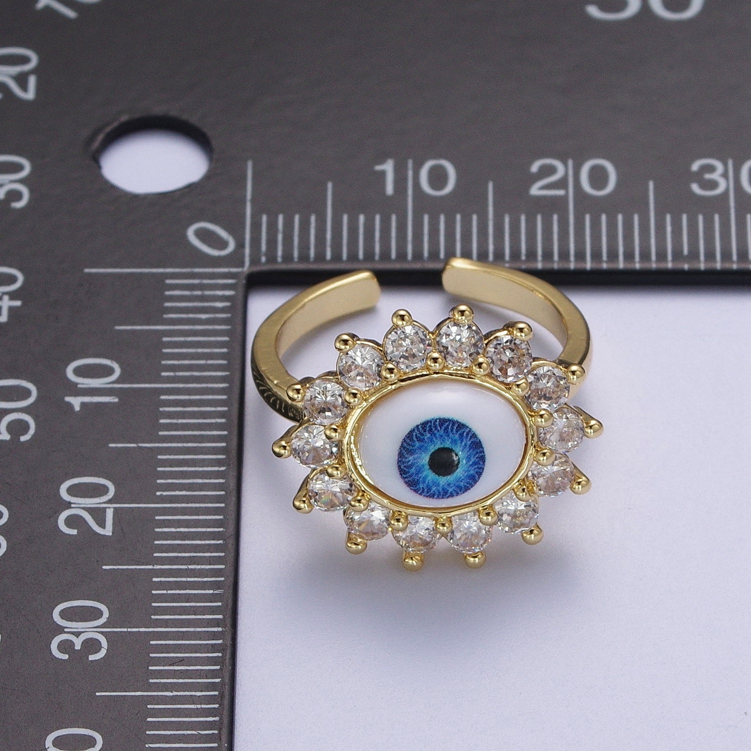Blue Evil Eye of Ra Round Cubic Zirconia Bezel Gold Adjustable Protection Ring | V060 - DLUXCA