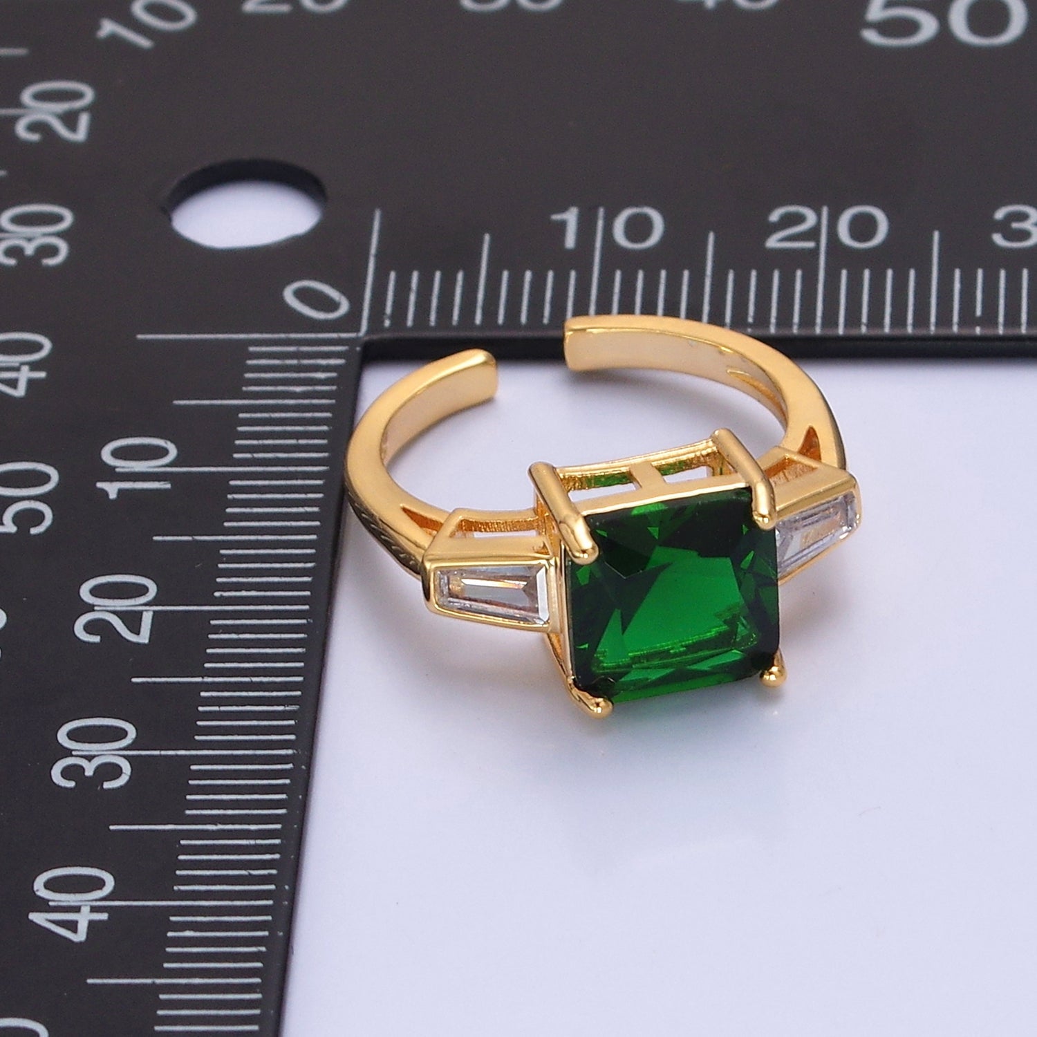 24K Gold Filled Emerald Promise Ring, Green & Clear Baguette Cubic Zirconia CZ Ring V-534 - DLUXCA