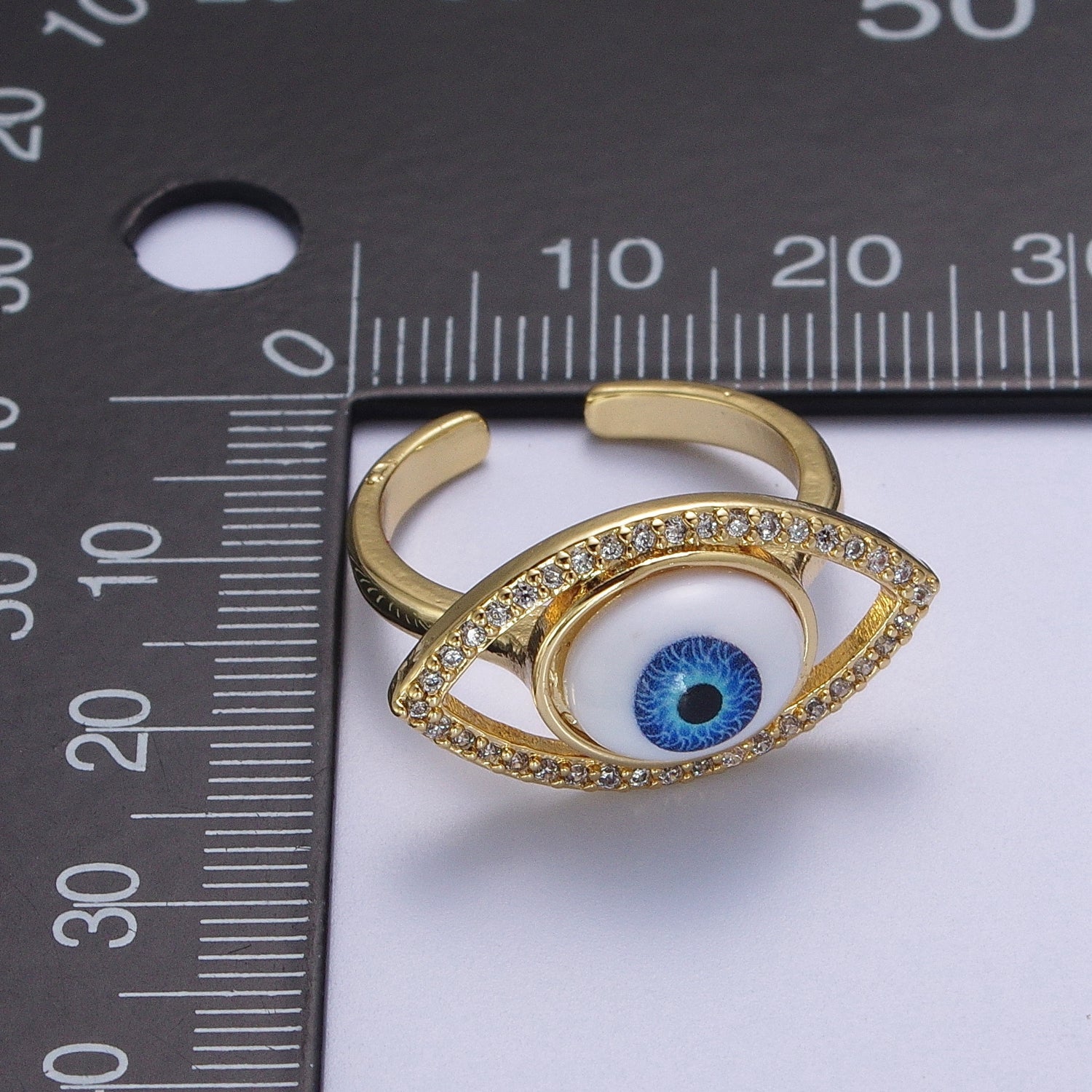 Micro Paved CZ Open Blue Evil Eye of Ra Protection Adjustable Gold Statement Ring | V059 - DLUXCA
