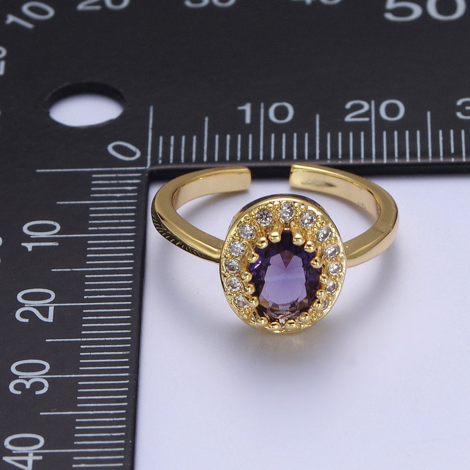 Micro Pave Oval Purple Amethyst Cubic Zirconia CZ Adjustable Gold Ring S248 - DLUXCA