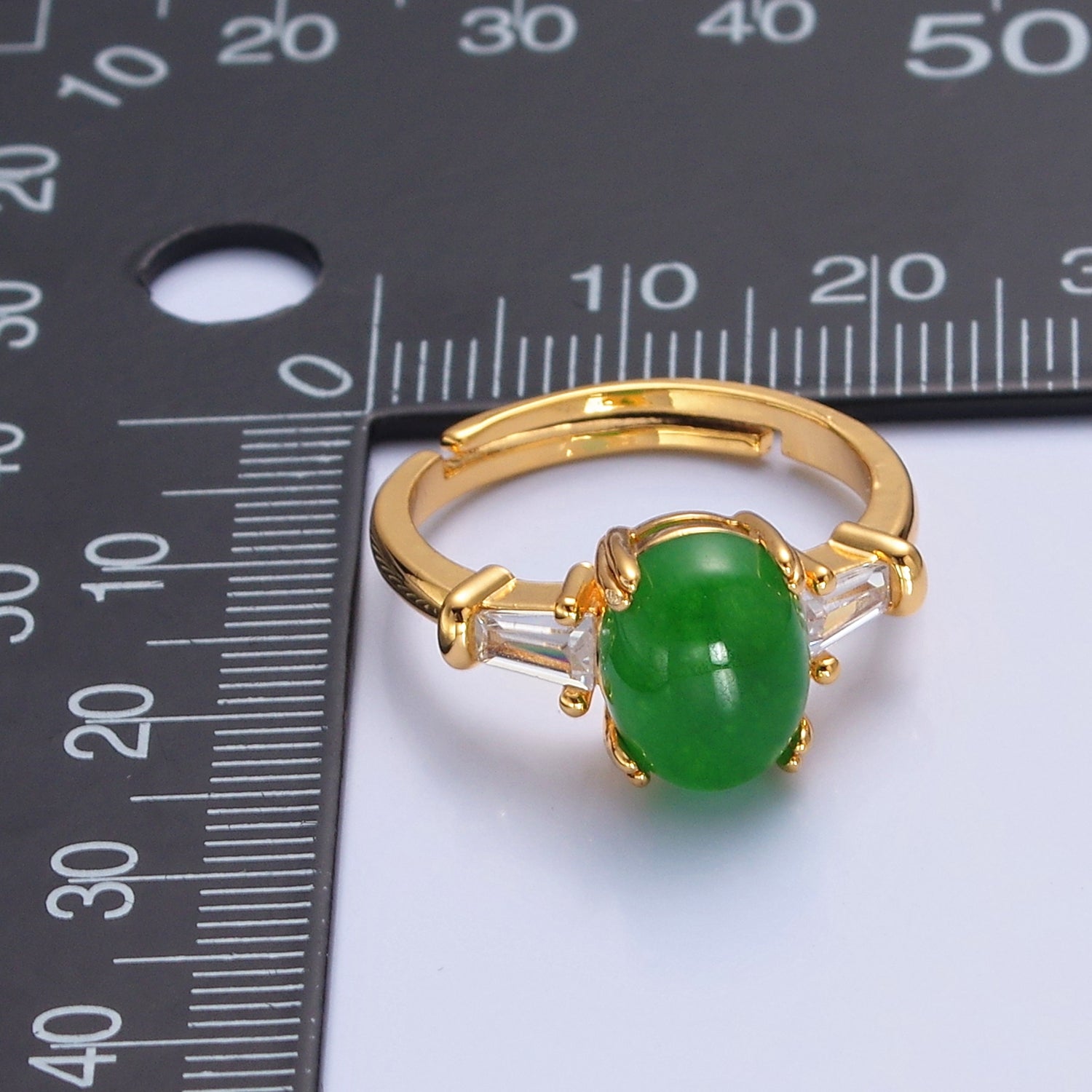 24K Gold Filled Oval Green Kade with Baguette CZ Statement Ring, P-311 - DLUXCA